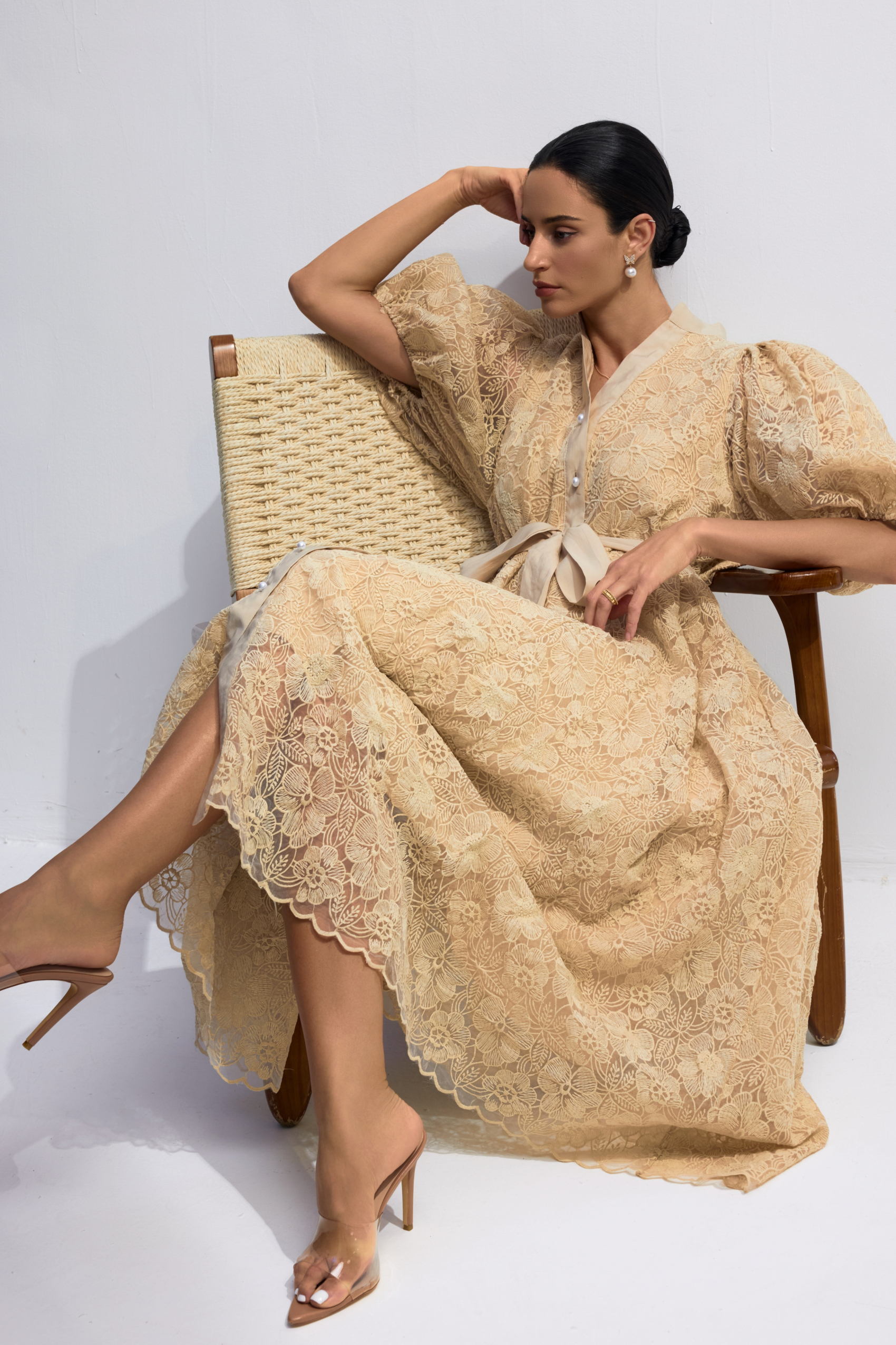 Diana Floral Embroidered Lace Belted Midi Dress