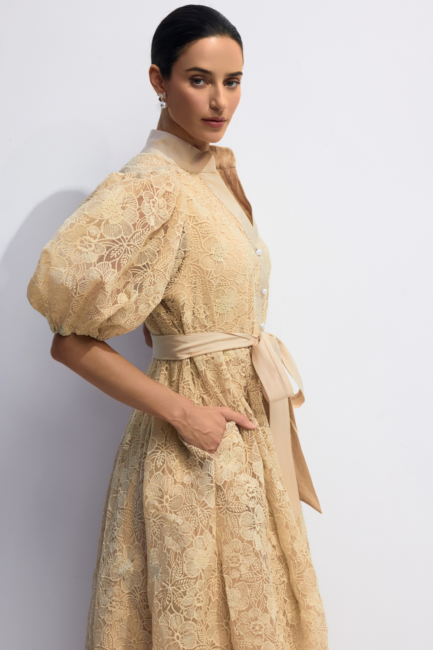 Diana Floral Embroidered Lace Belted Midi Dress