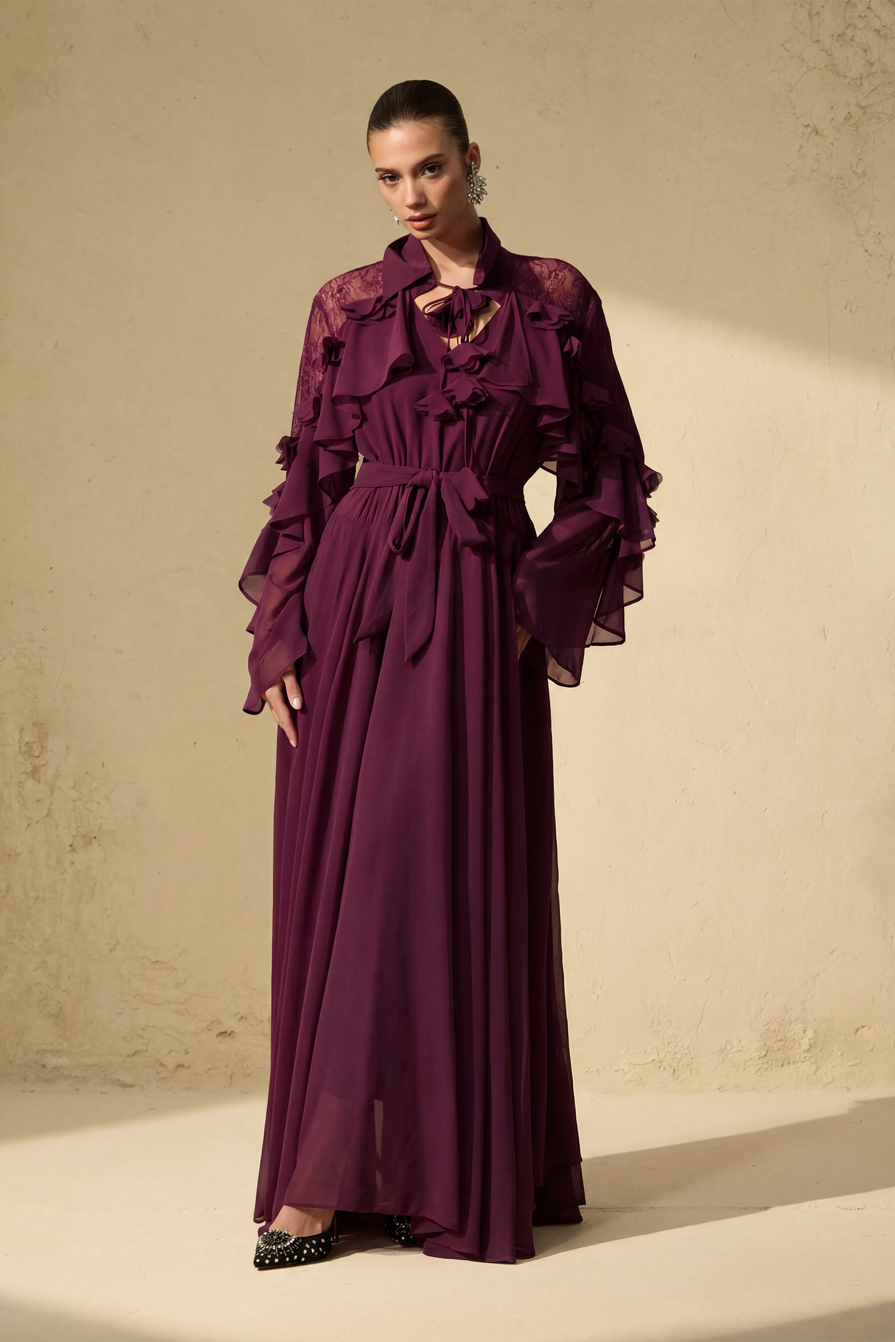 Beautiful Aura Sheer Lace Ruffled Sleeve Maxi Dress