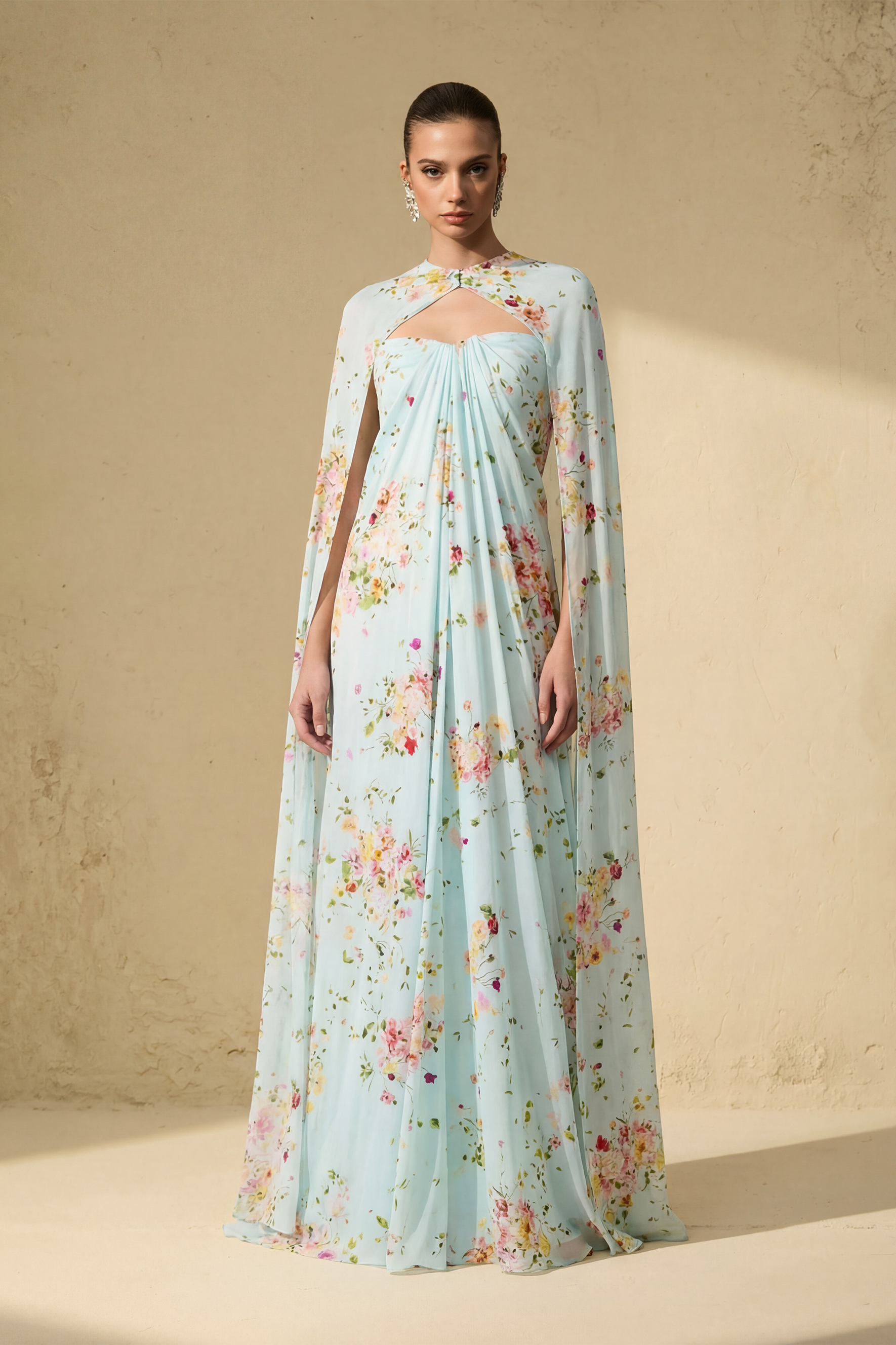 Sweet Like Spring Green Floral Print Strapless Maxi Dress With Cape