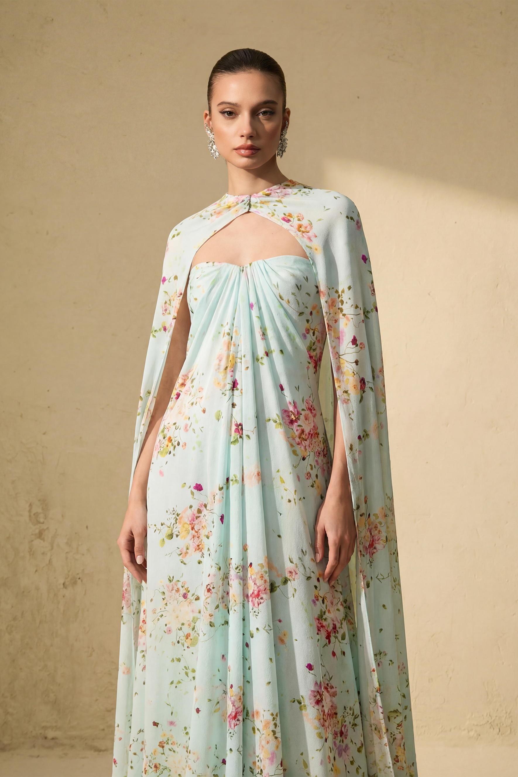 Sweet Like Spring Green Floral Print Strapless Maxi Dress With Cape