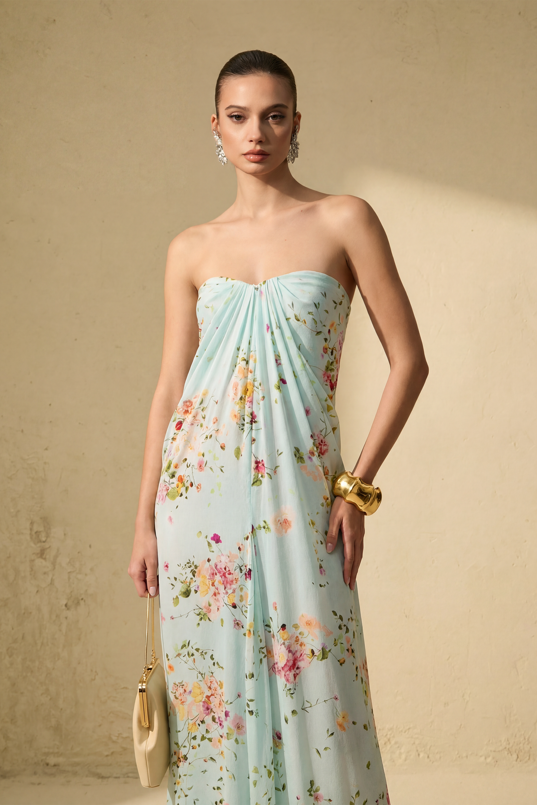 Sweet Like Spring Green Floral Print Strapless Maxi Dress With Cape