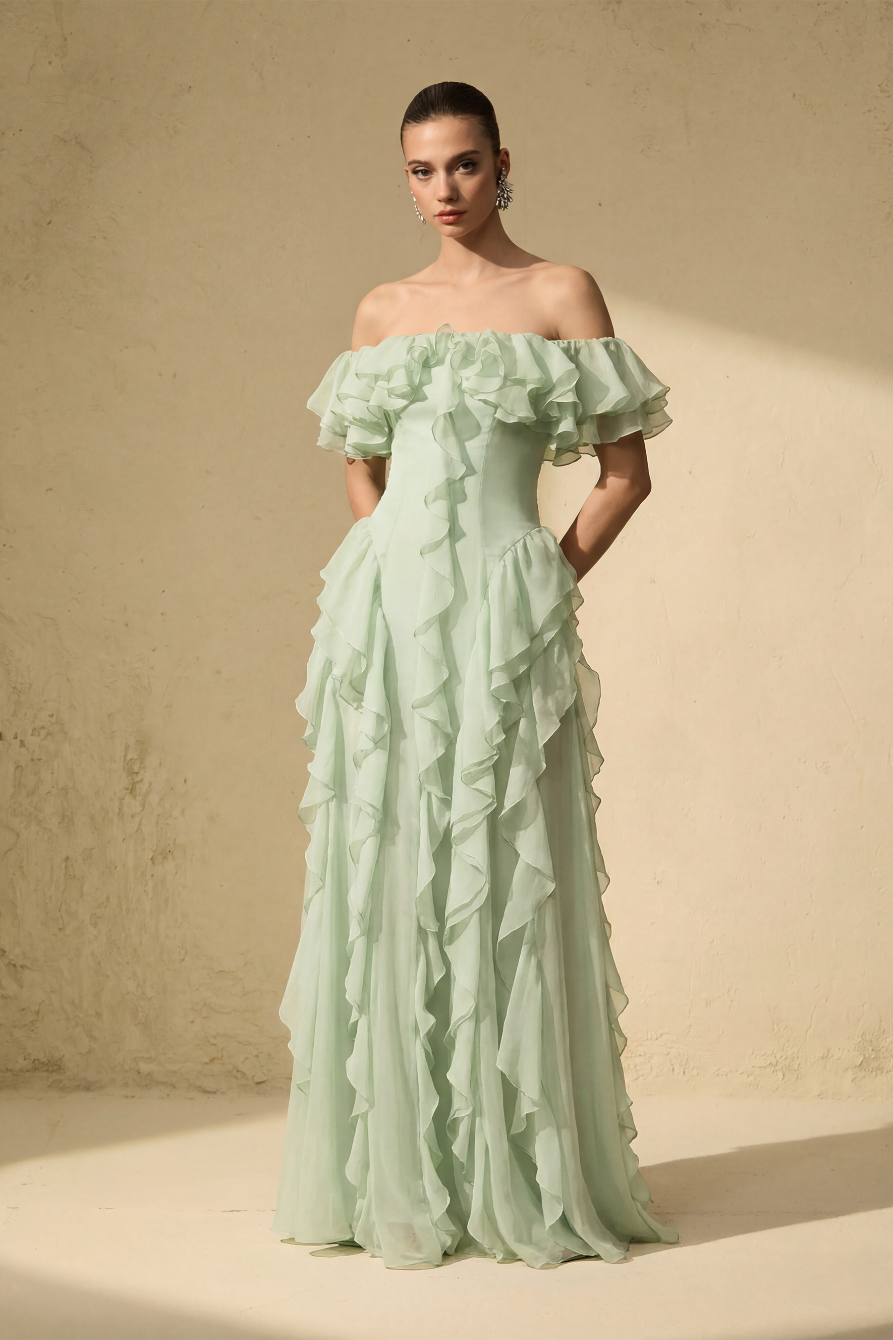 Every Love Song Green Off-The-Shoulder Ruffle Maxi Dress