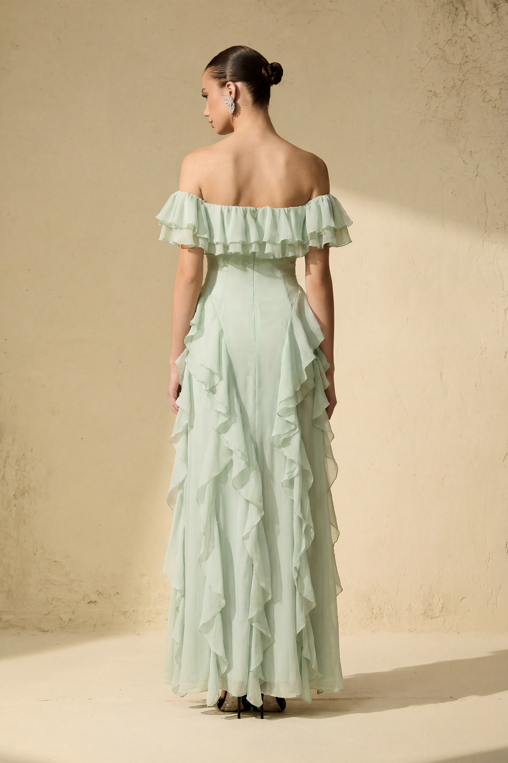 Every Love Song Green Off-The-Shoulder Ruffle Maxi Dress