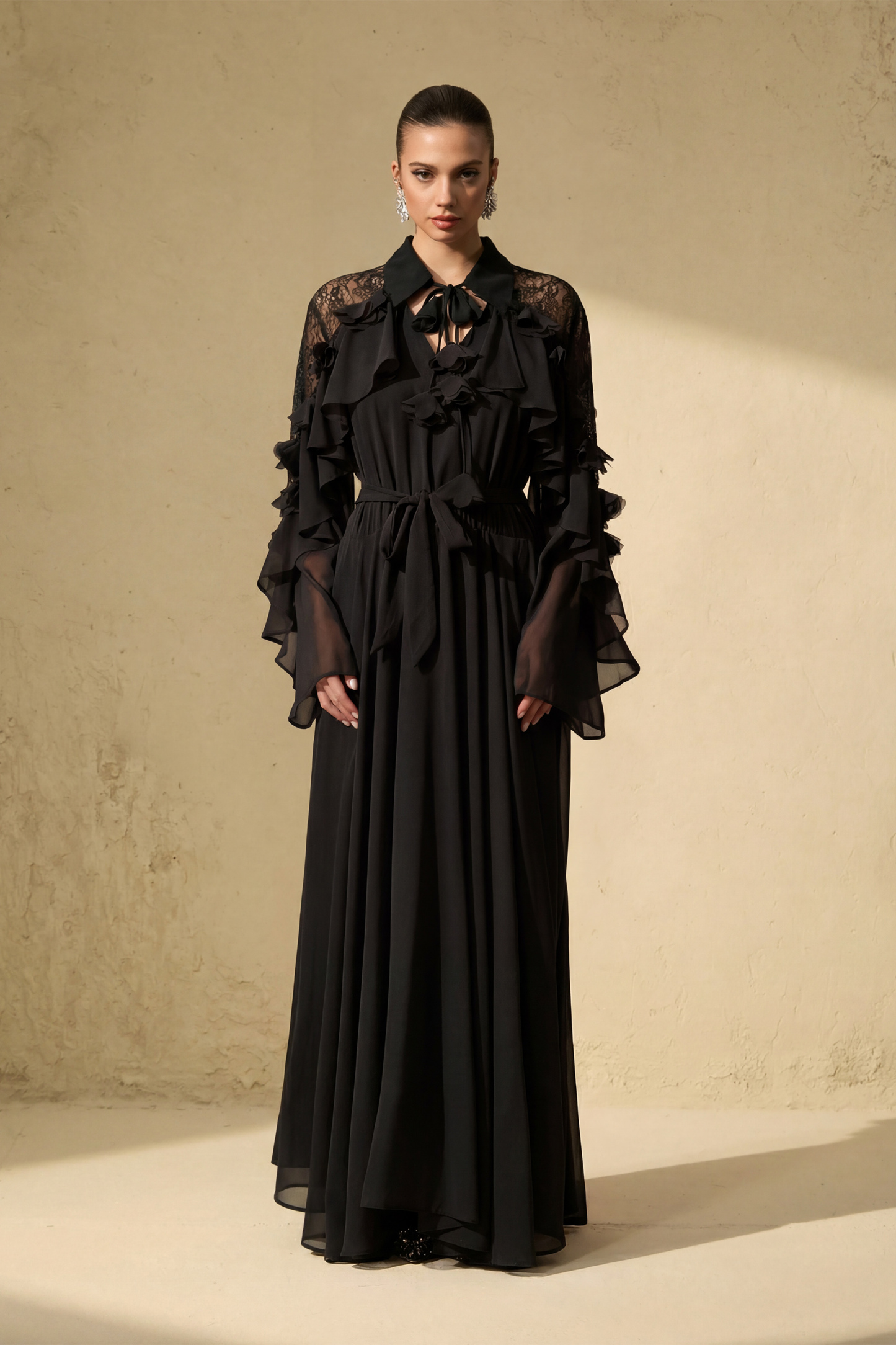 Beautiful Aura Sheer Lace Ruffled Sleeve Maxi Dress