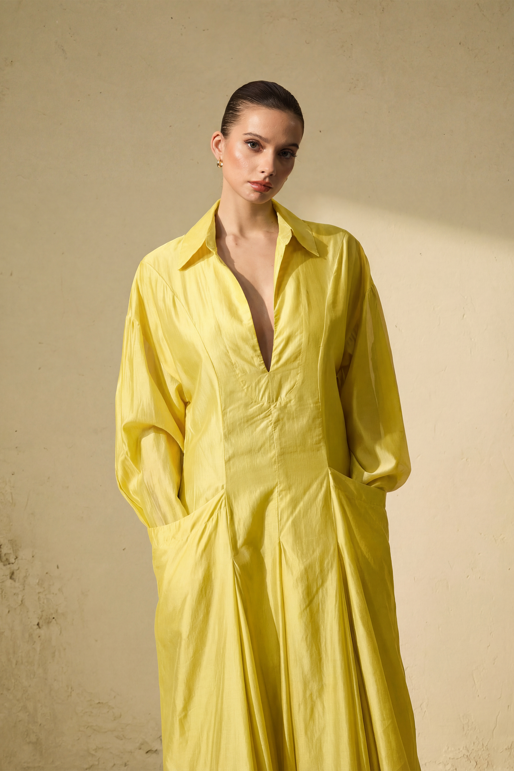 Leisurely Luxe Collared Deep V Maxi Dress