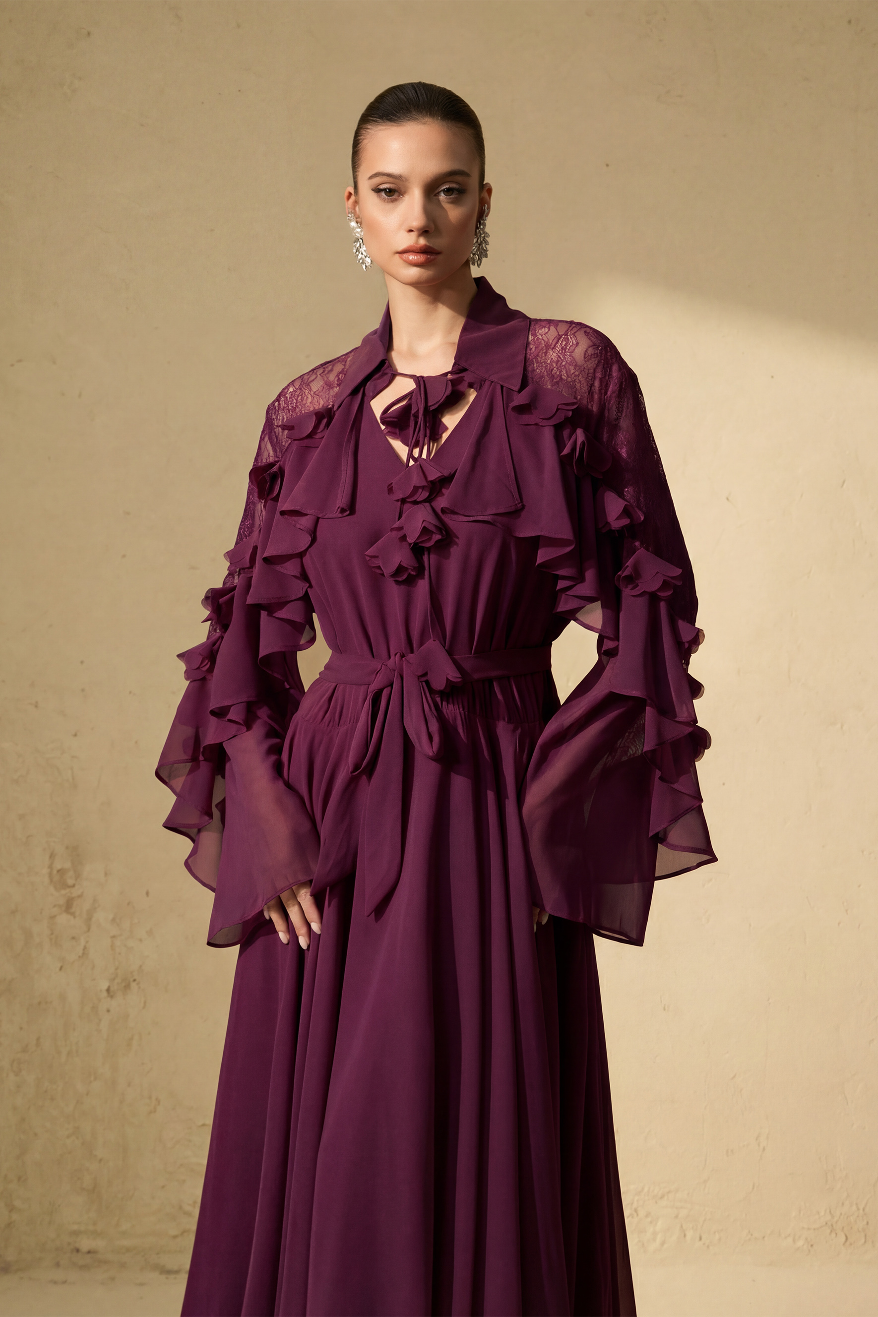 Beautiful Aura Sheer Lace Ruffled Sleeve Maxi Dress