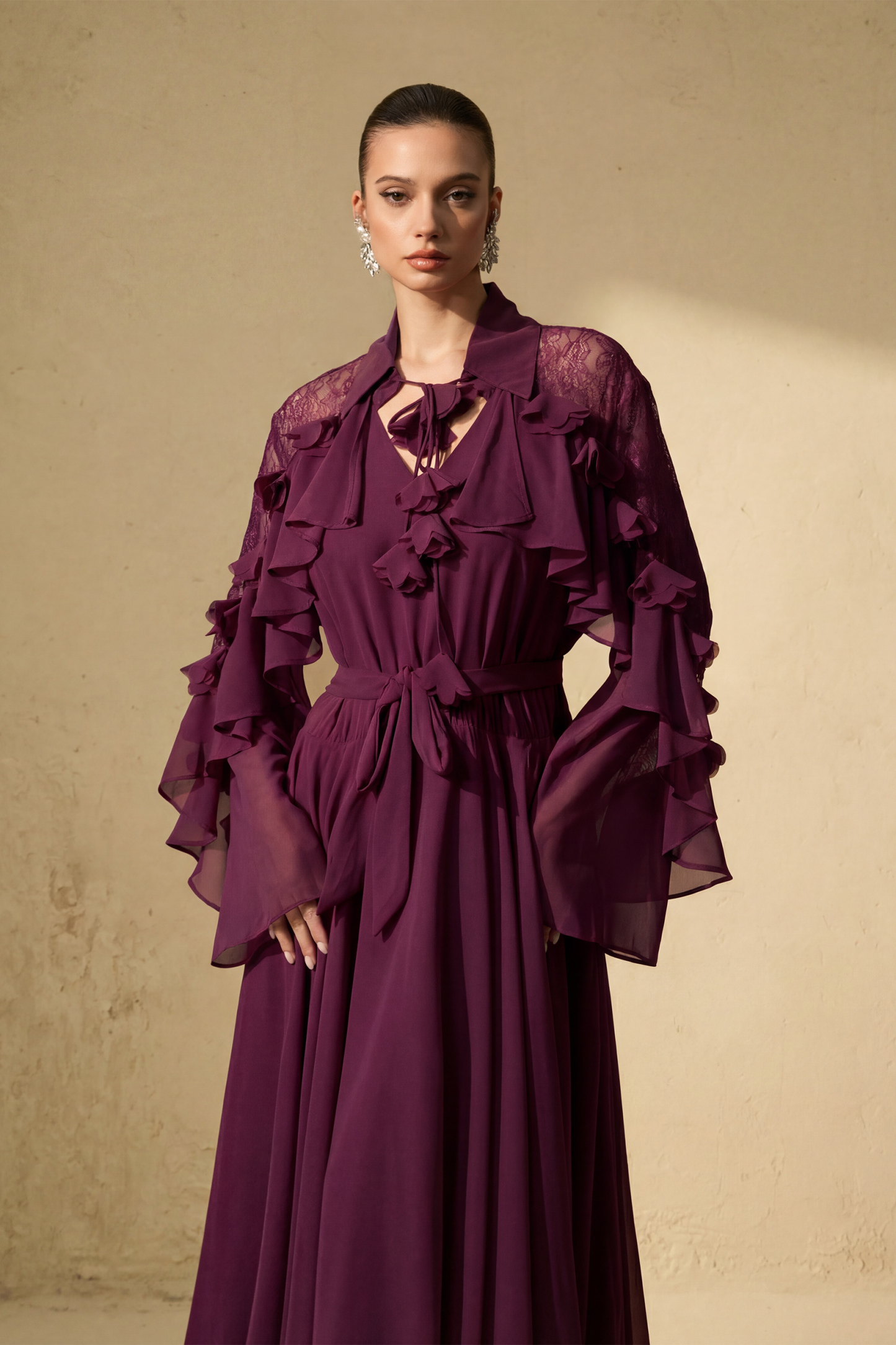 Beautiful Aura Sheer Lace Ruffled Sleeve Maxi Dress