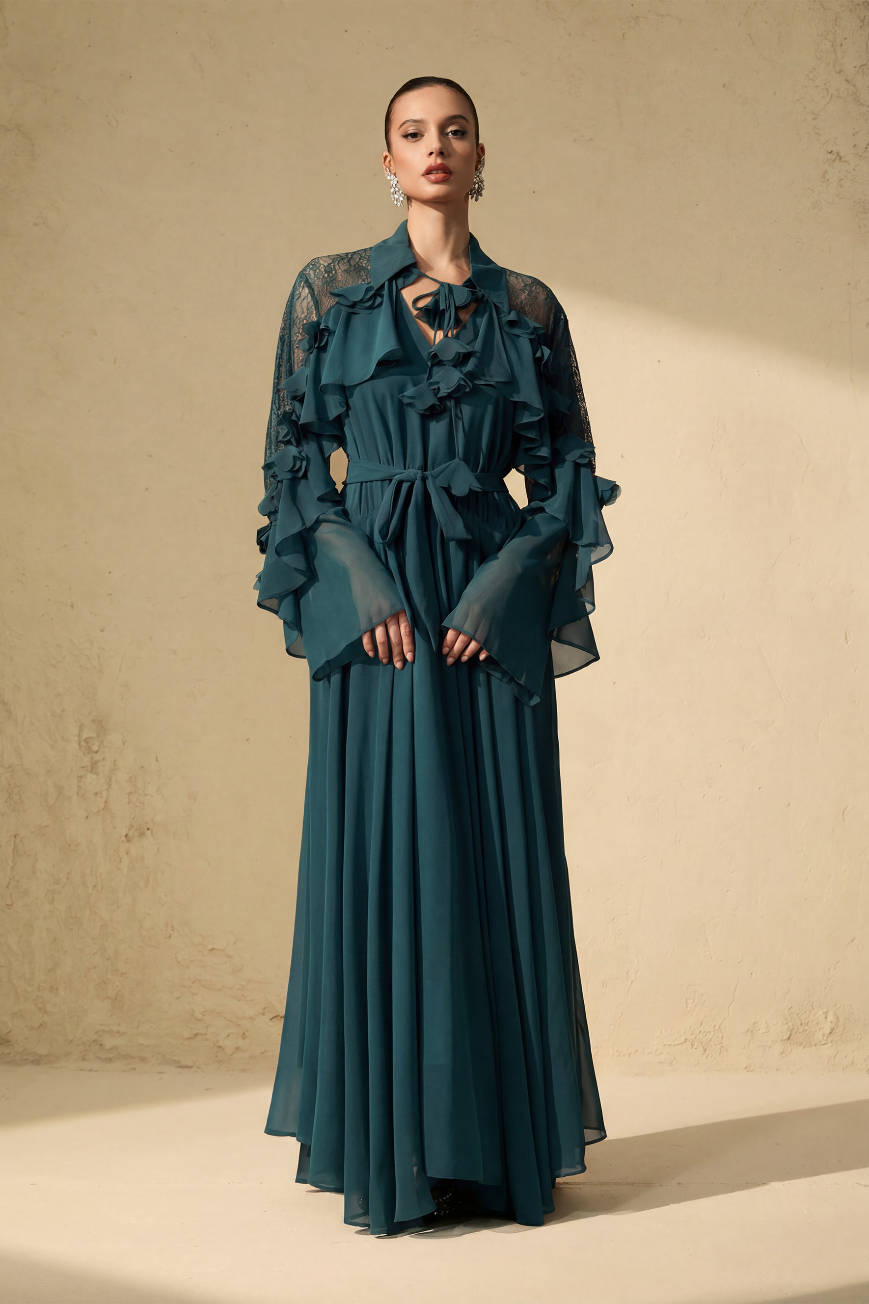 Beautiful Aura Sheer Lace Ruffled Sleeve Maxi Dress