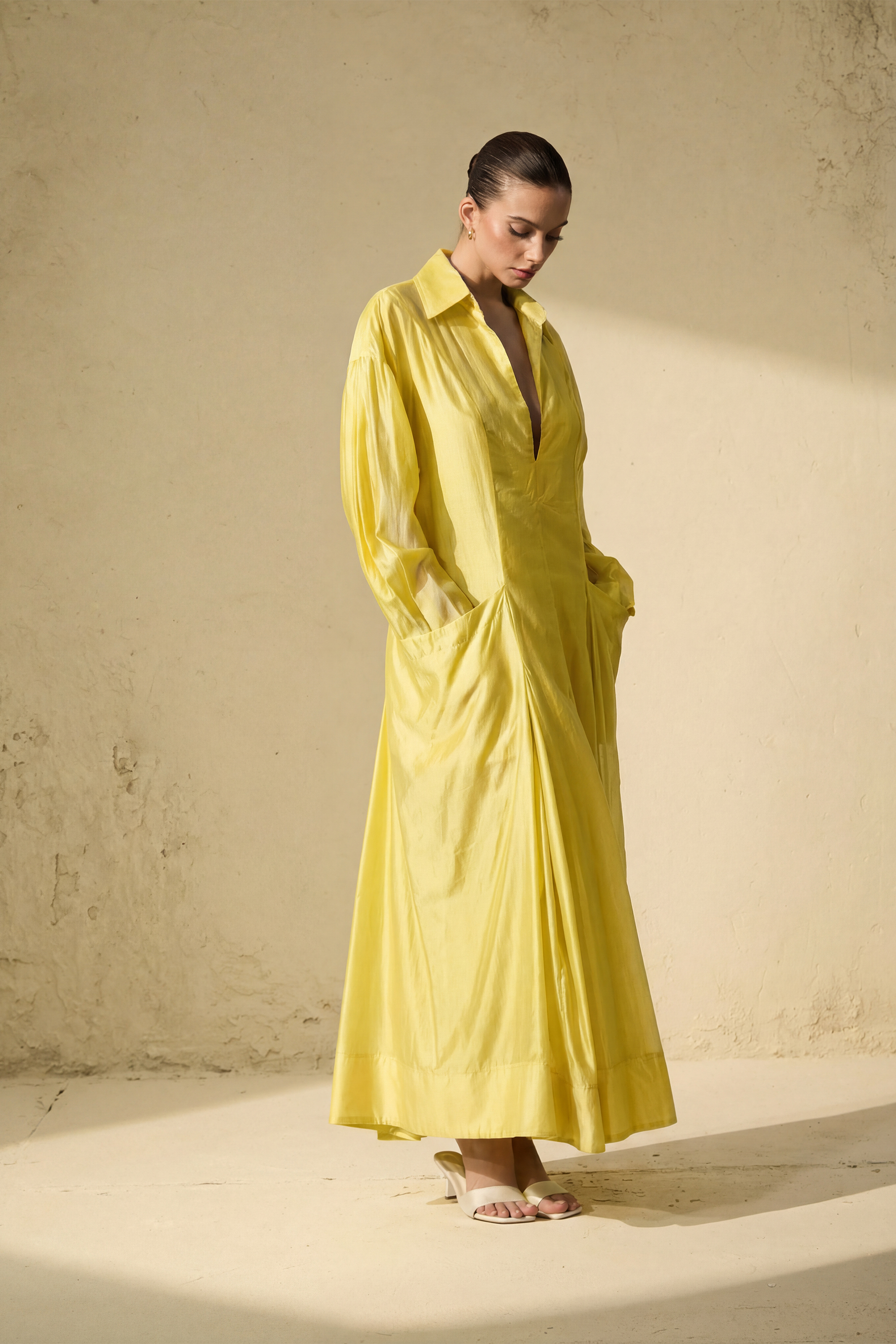 Leisurely Luxe Collared Deep V Maxi Dress