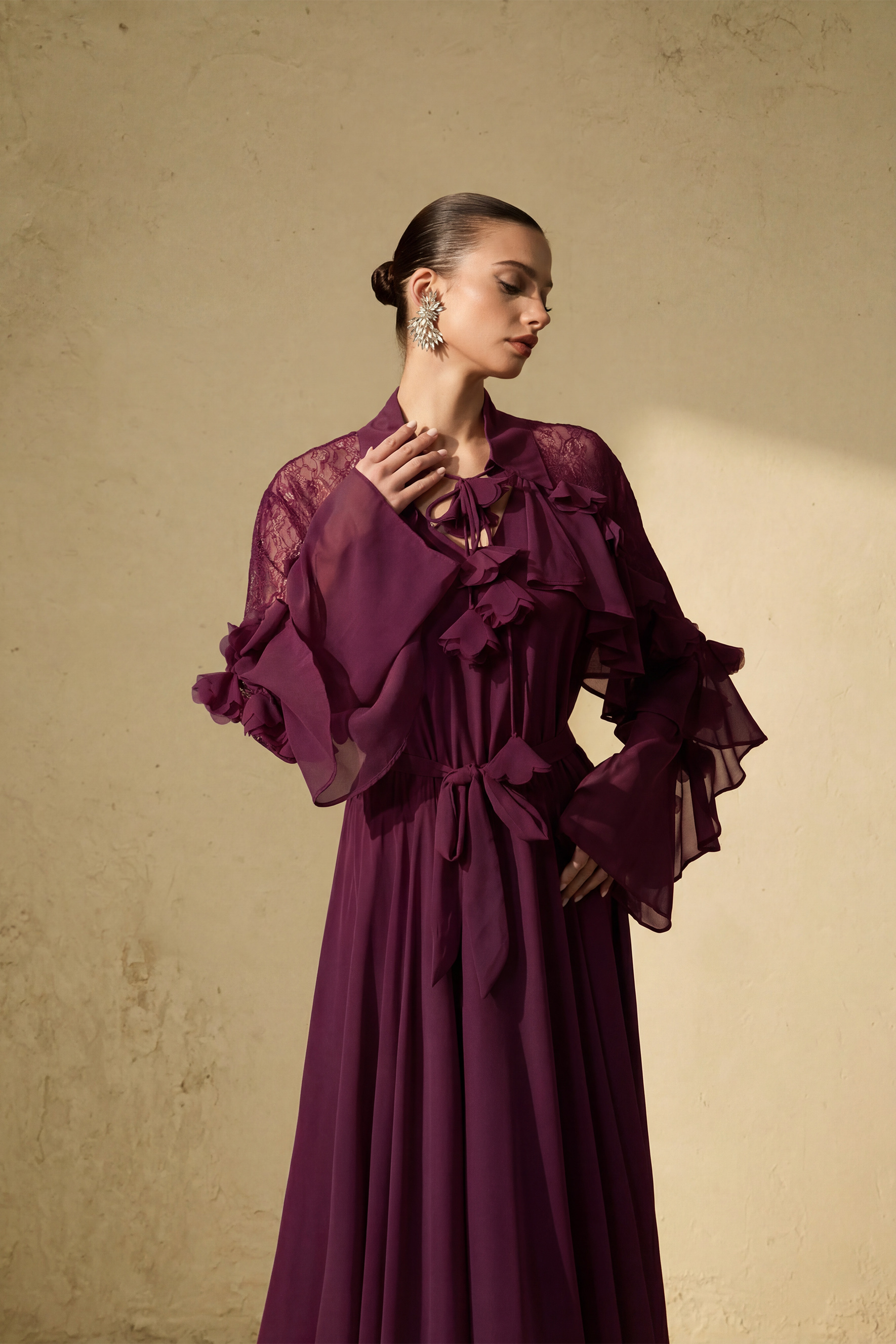 Beautiful Aura Sheer Lace Ruffled Sleeve Maxi Dress