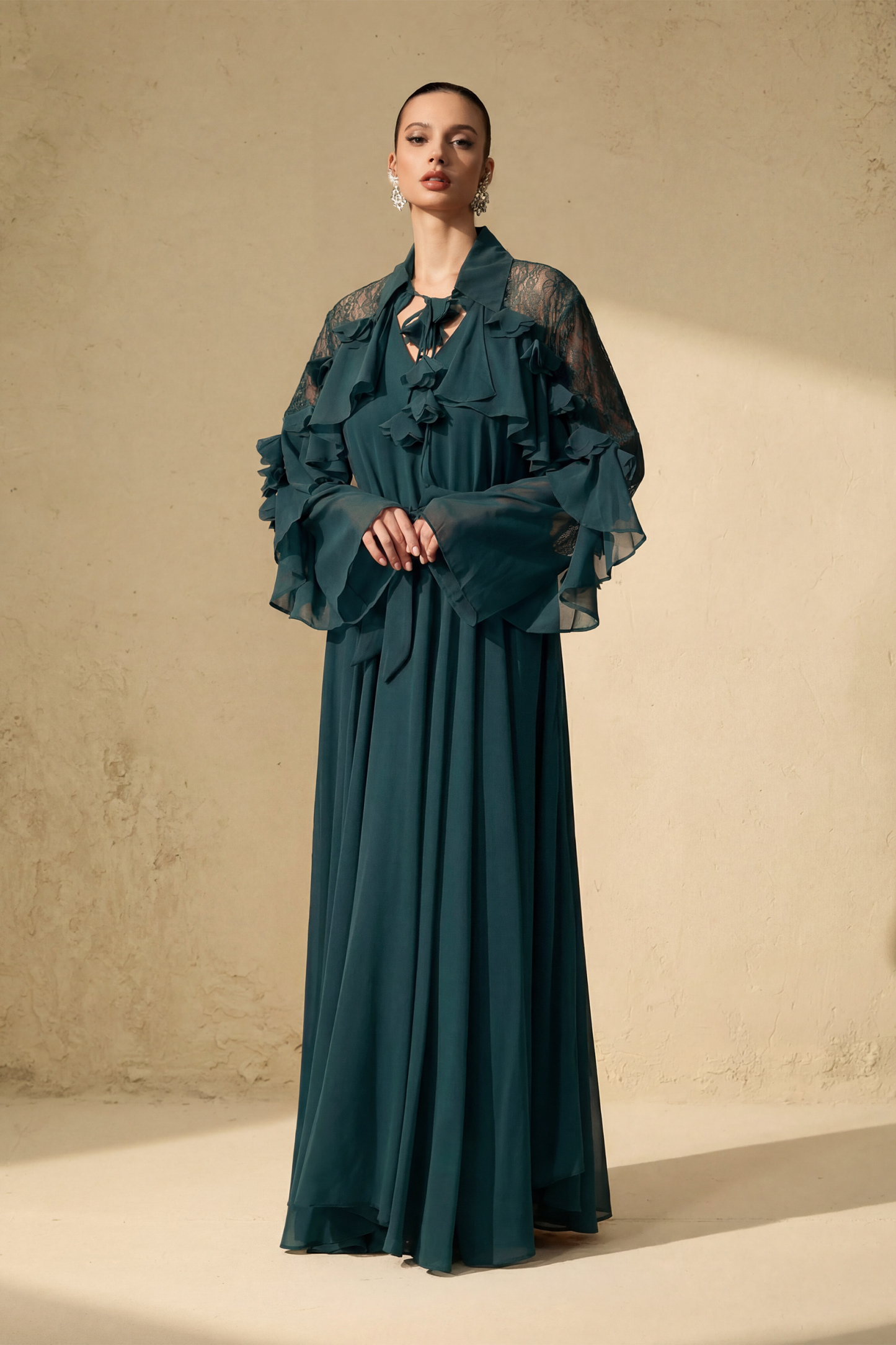 Beautiful Aura Sheer Lace Ruffled Sleeve Maxi Dress