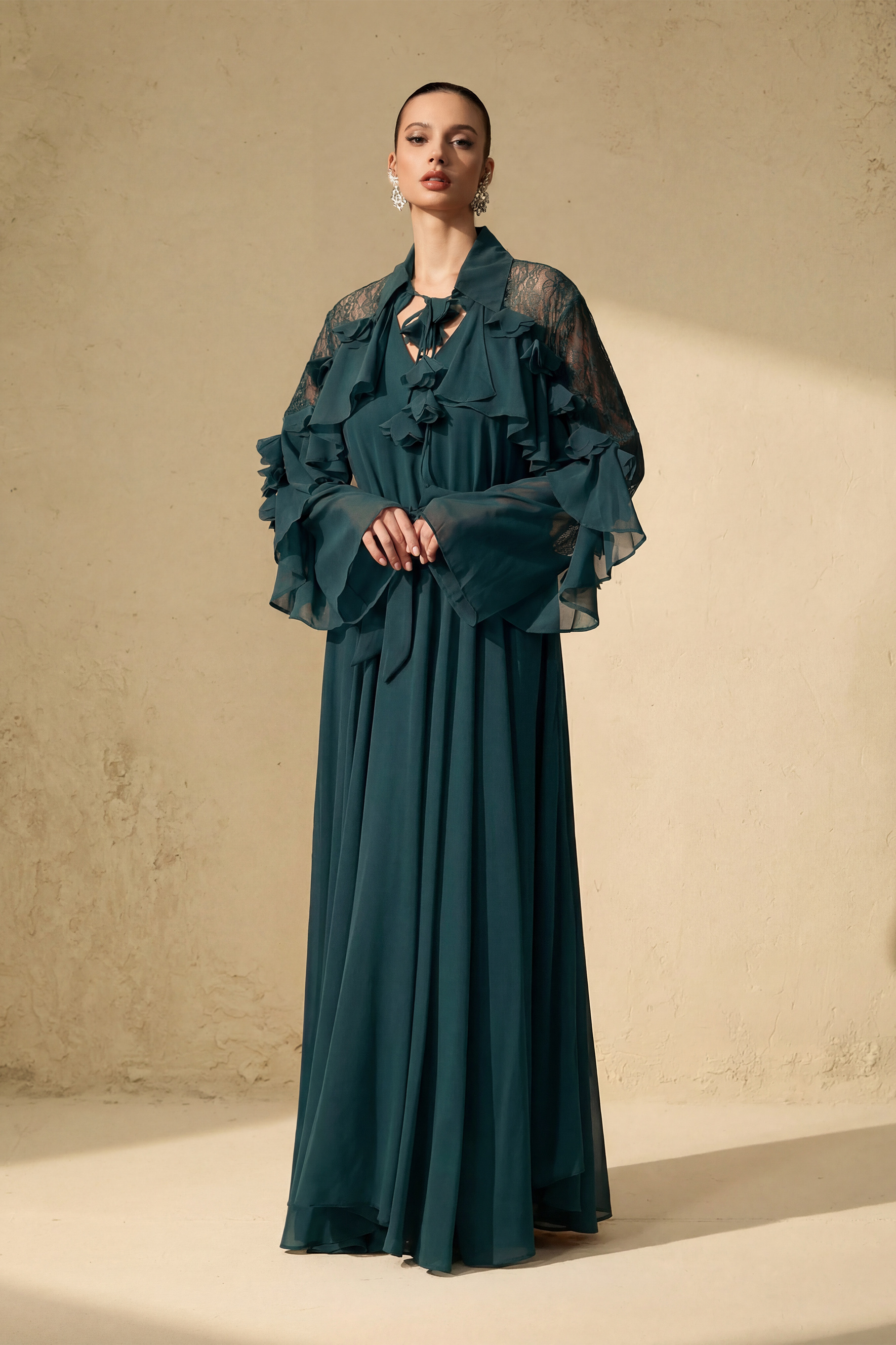 Beautiful Aura Sheer Lace Ruffled Sleeve Maxi Dress