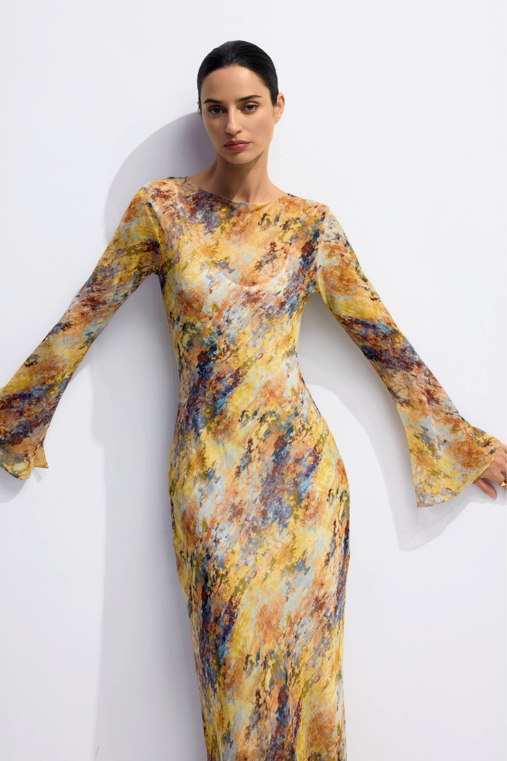 Lane Print Flare Cuffs Maxi Dress