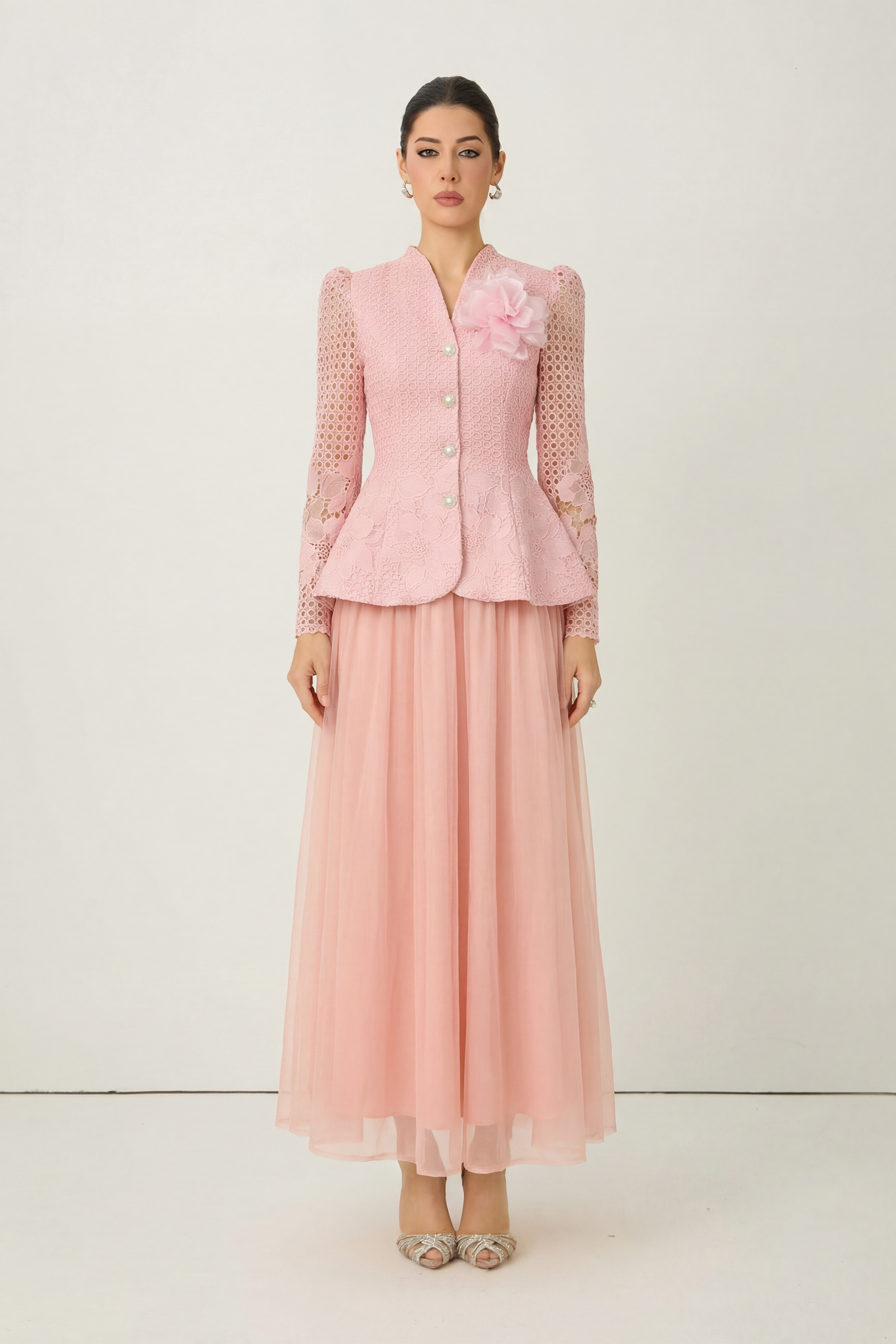 Evenings of Elegance Pink Floral Embroidery Sheer Sleeve Top & Skirt Set