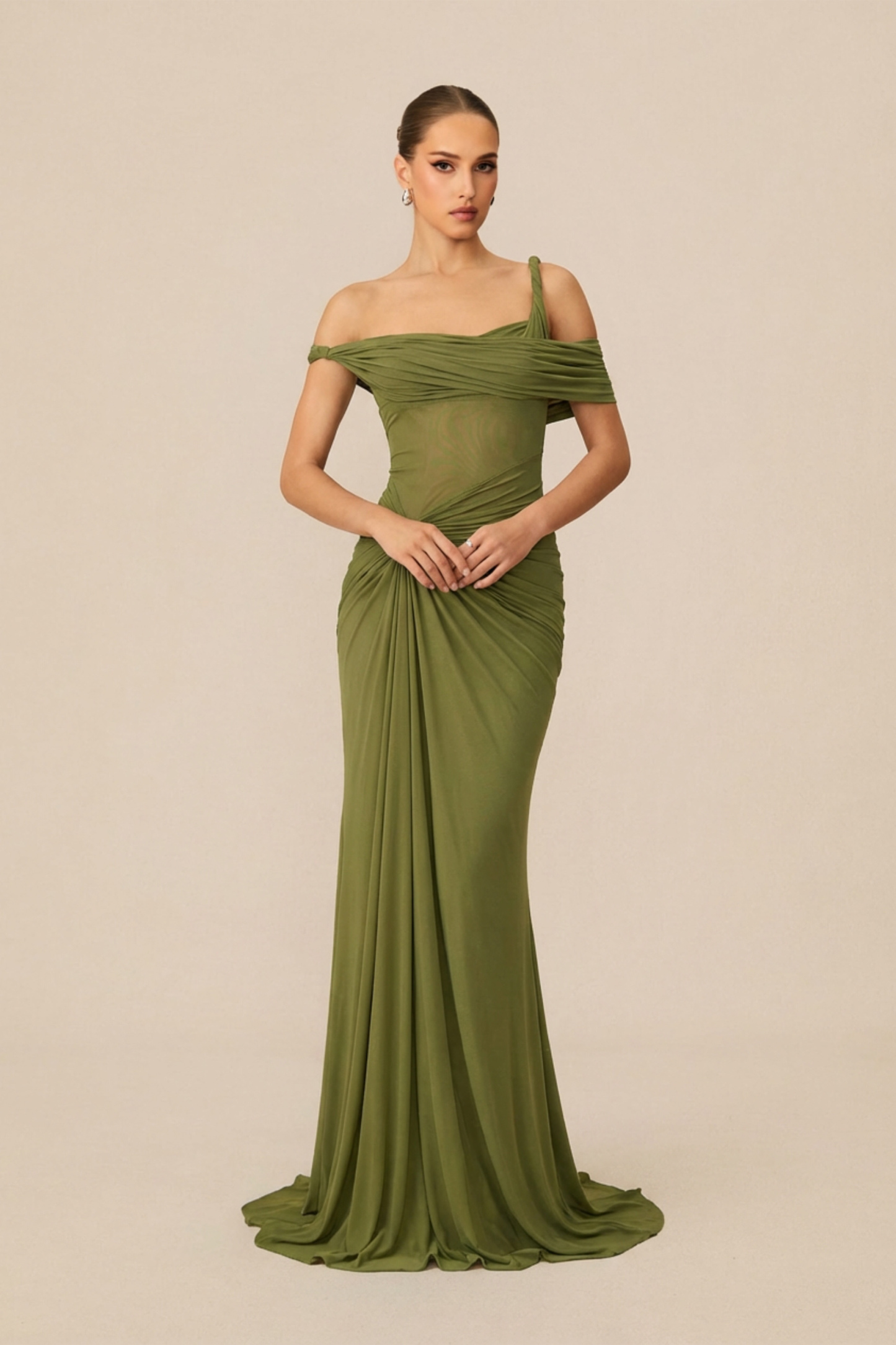 Date Me Darling Olive Asymmetric Off Shoulder Maxi Dress