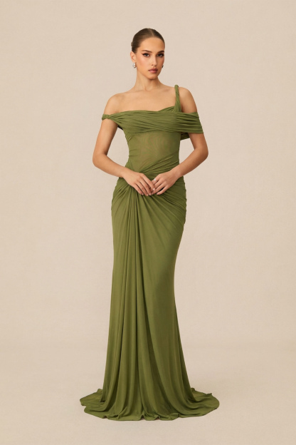 Date Me Darling Olive Asymmetric Off Shoulder Maxi Dress