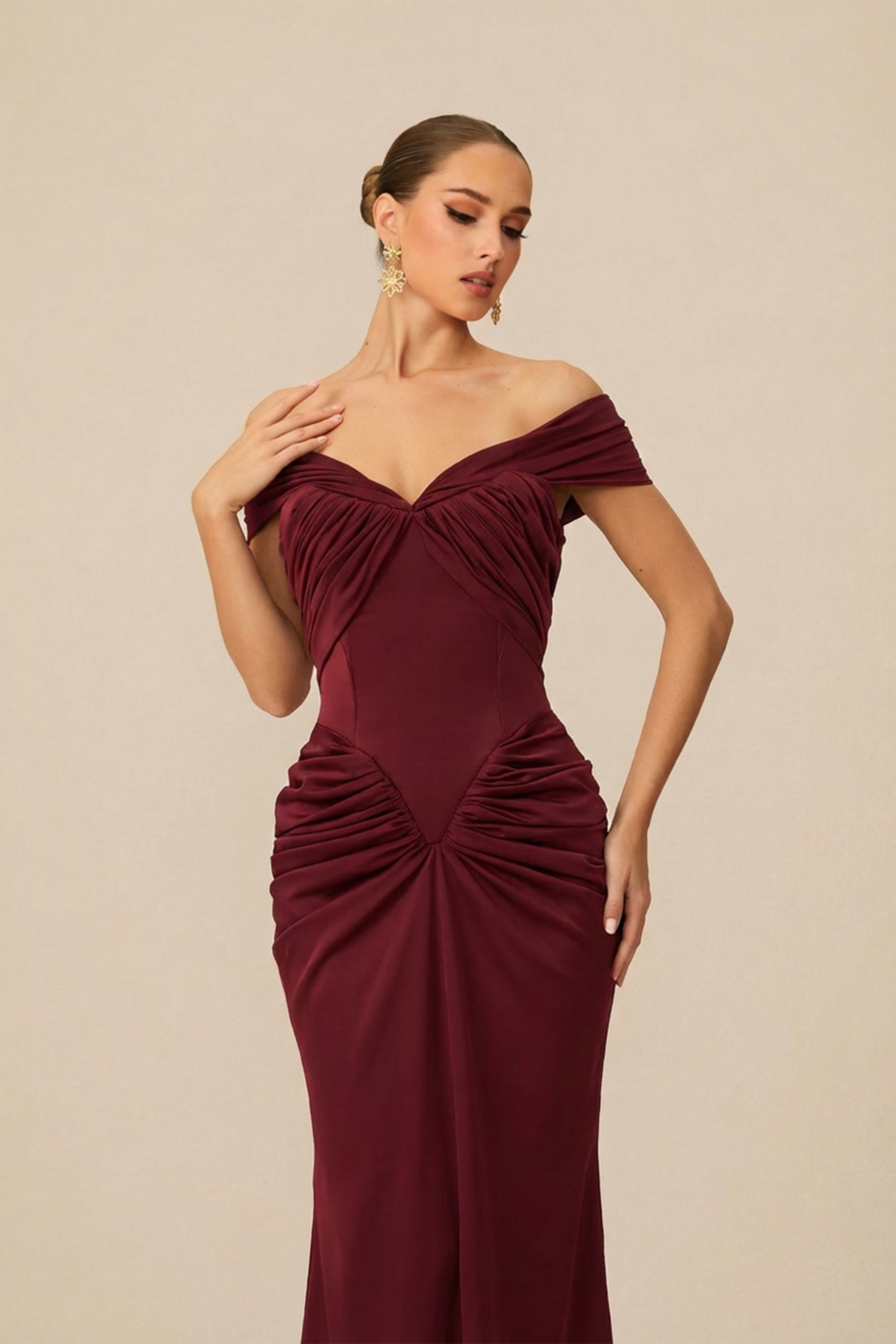Flirty Vibes Burgundy Off Shoulder Corset Maxi Dress