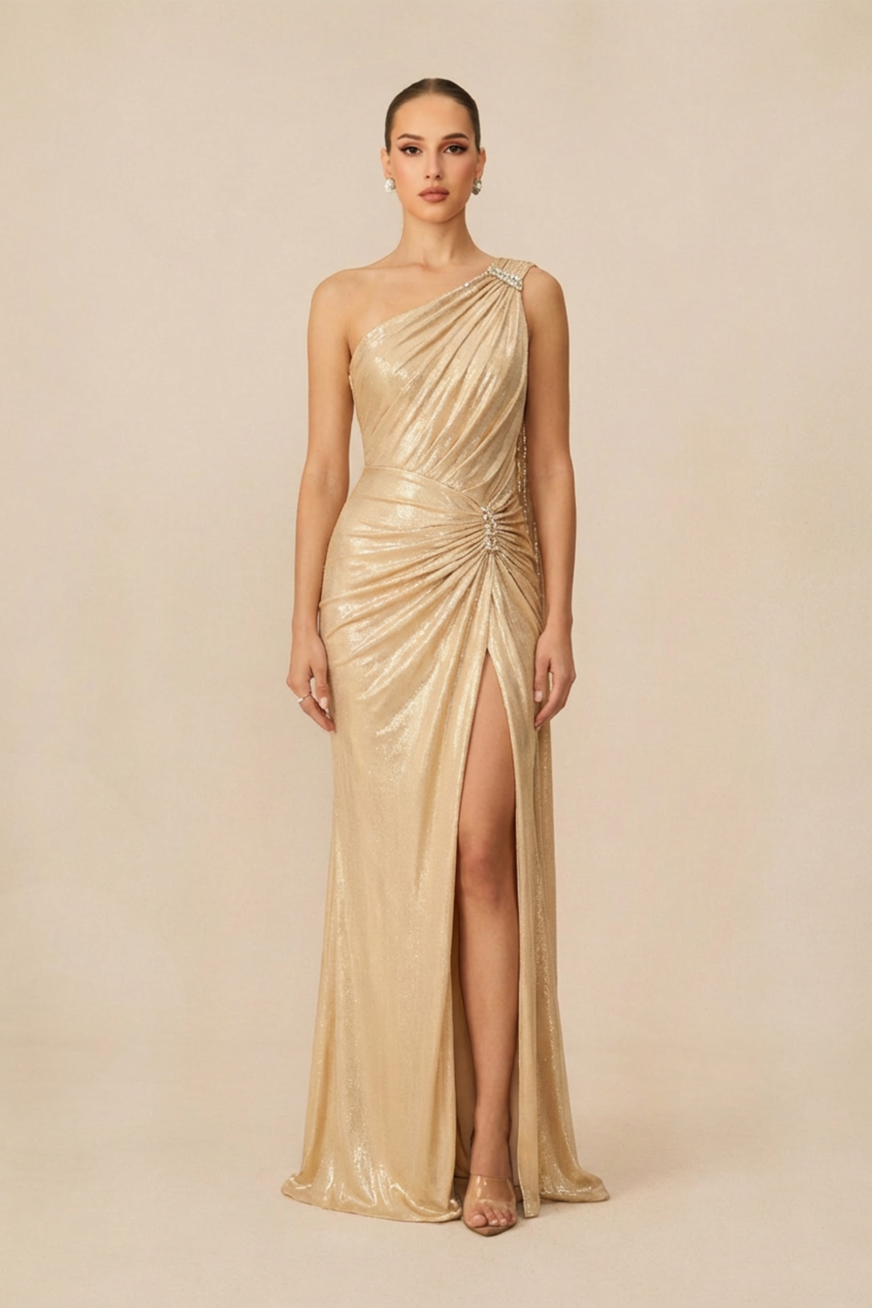 Glamorous Choice Gold One Shoulder High Slit Maxi Dress