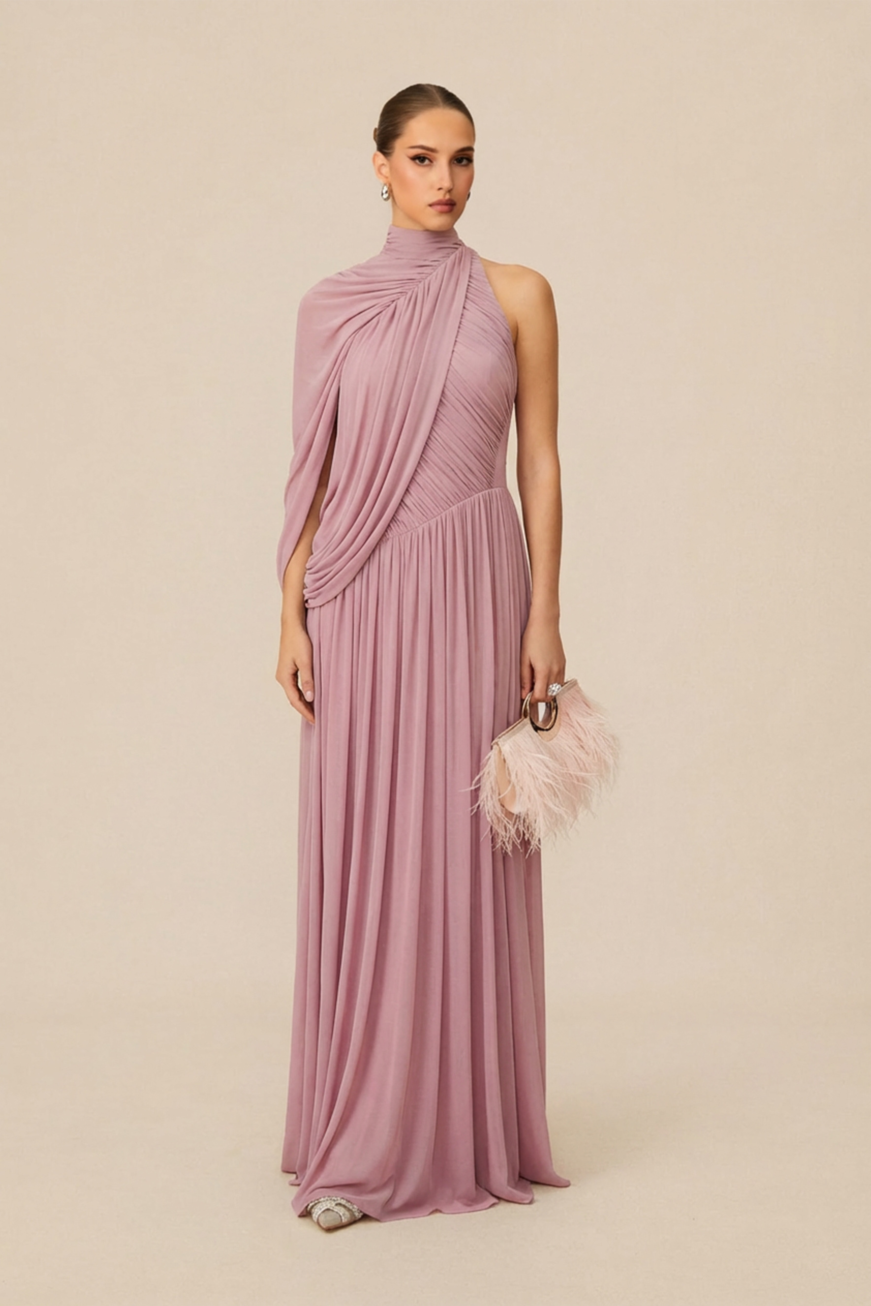 Desirable Date Dusty Pink One Sleeve Draped Maxi Dress