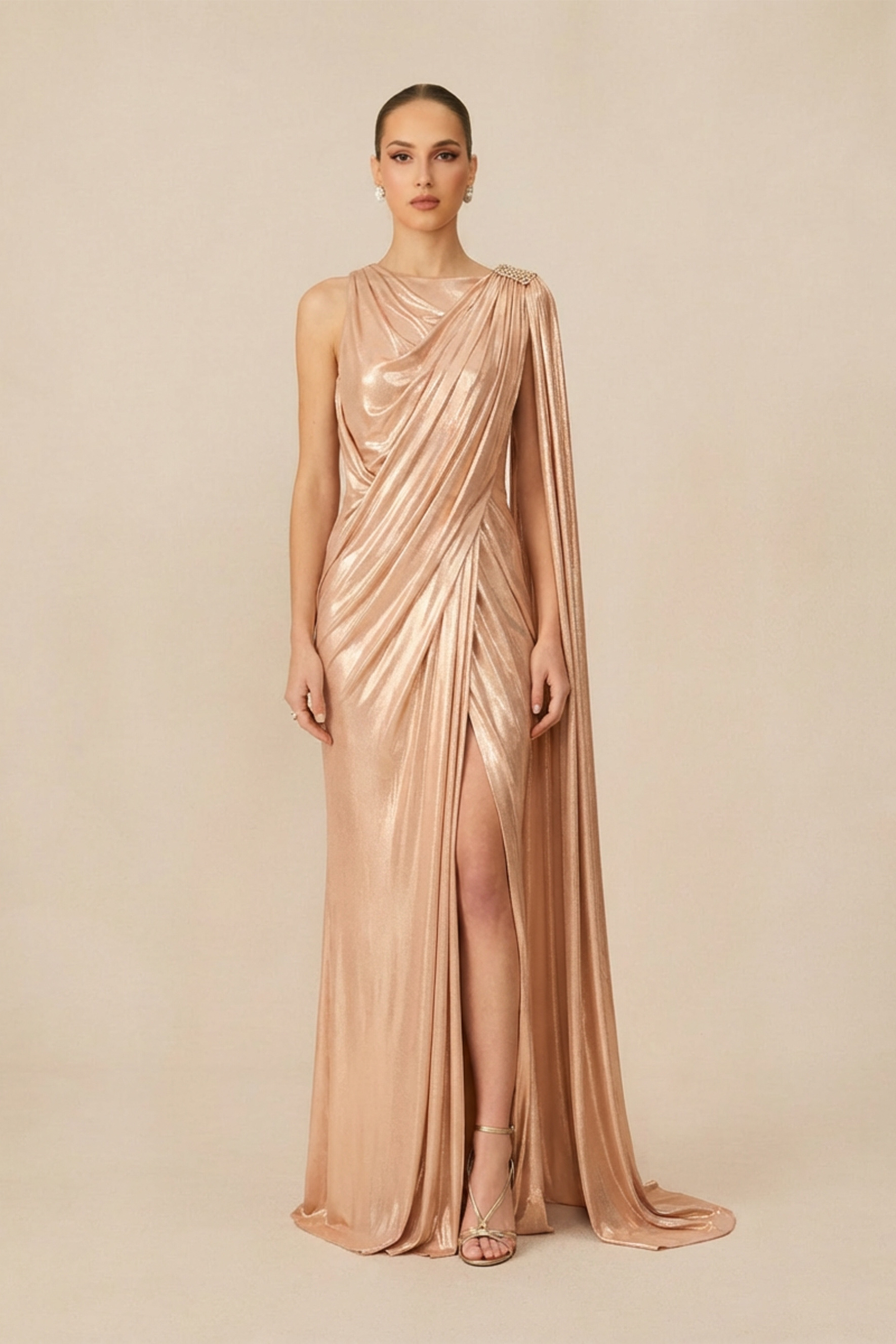 Beautiful Evenings Gold Asymmetric Draped Cape Maxi Dress