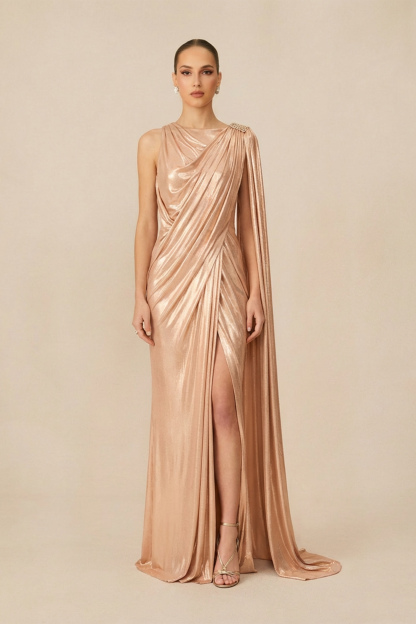Beautiful Evenings Gold Asymmetric Draped Cape Maxi Dress