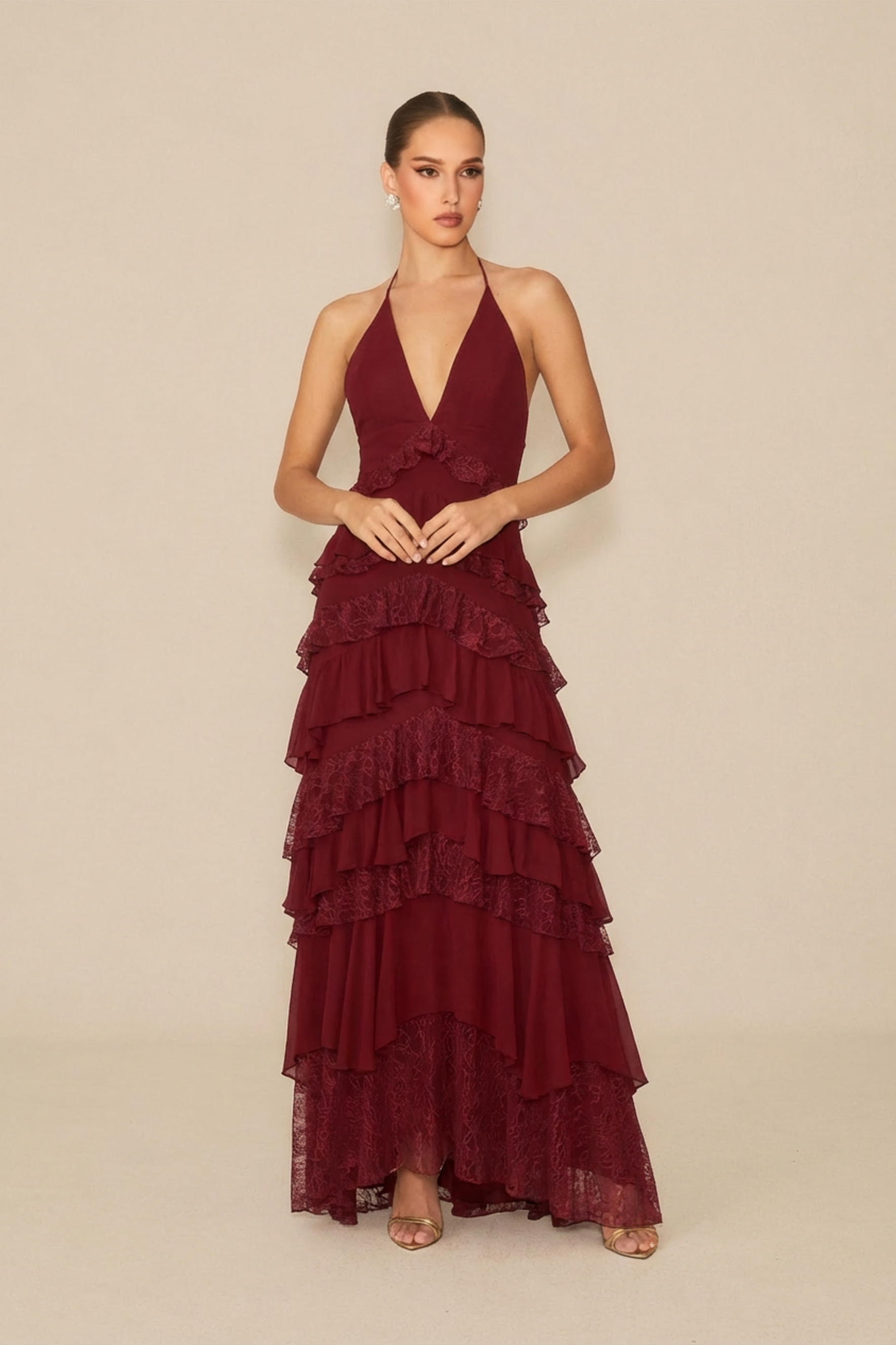 Beauty Icon Burgundy Deep V Neck Tiered Lace Maxi Dress