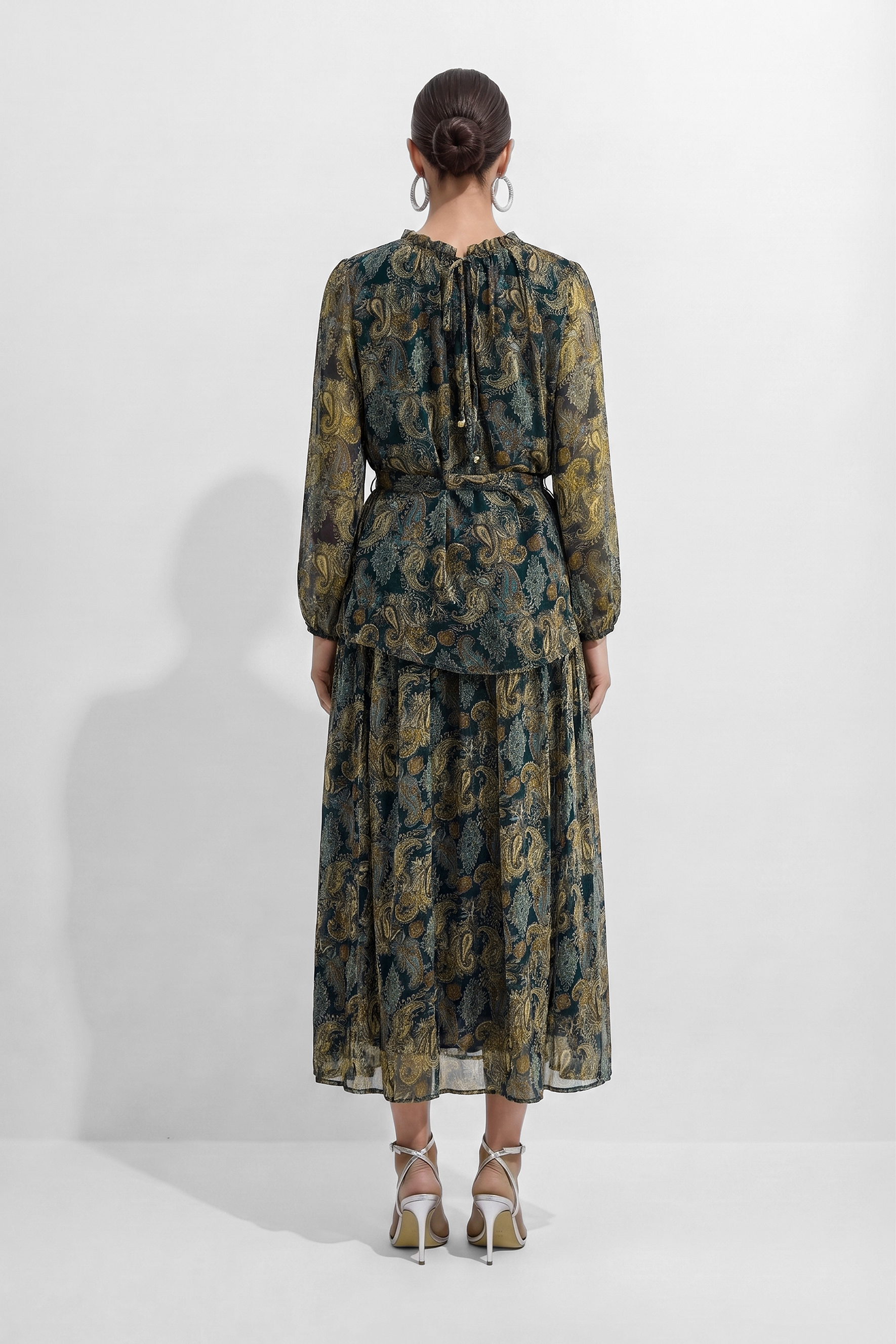 Dark Emerald Green Paisley Print Georgette Top & Skirt Set