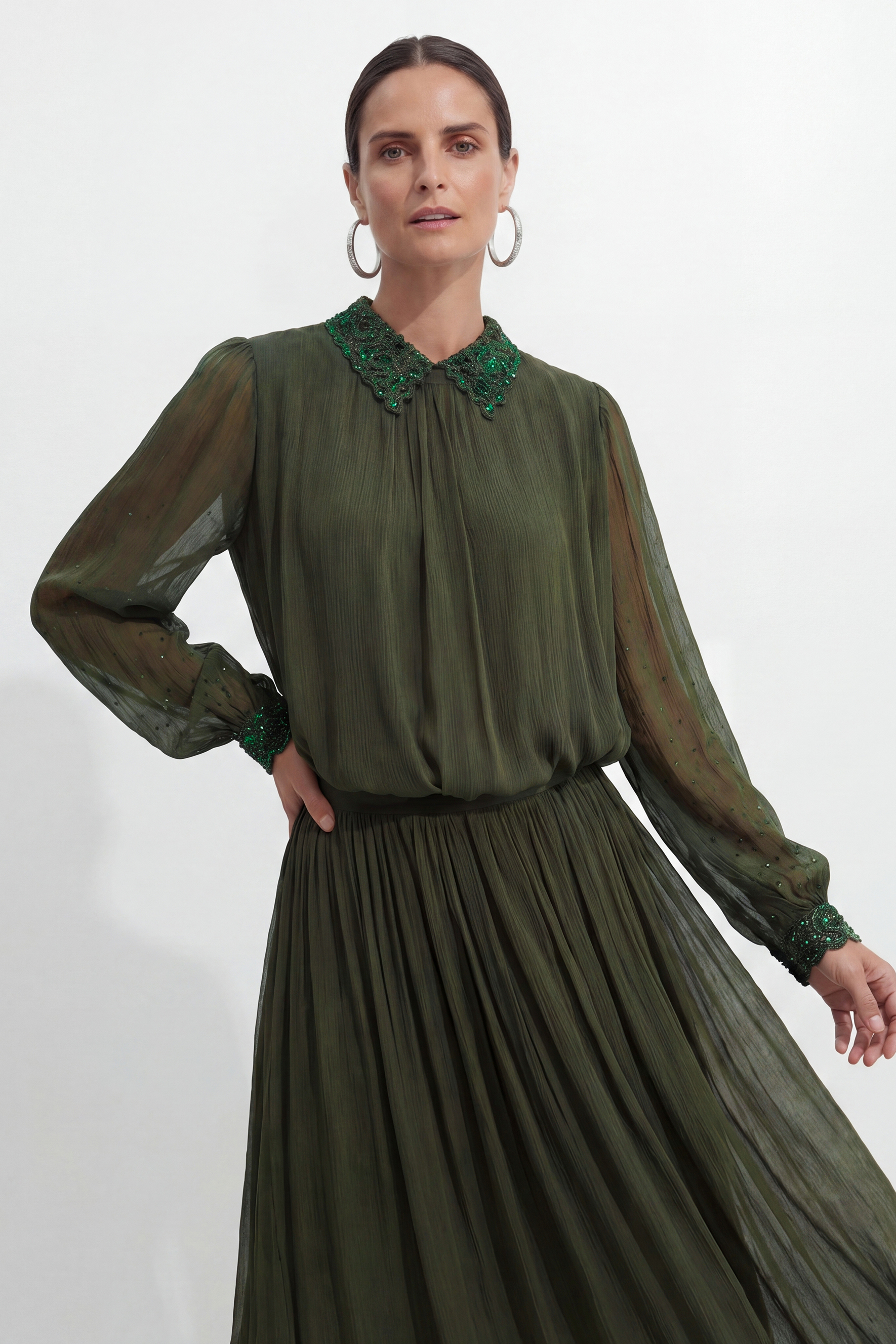 Brunch Date Green Silk Rhinestone Collar Top & Skirt Set