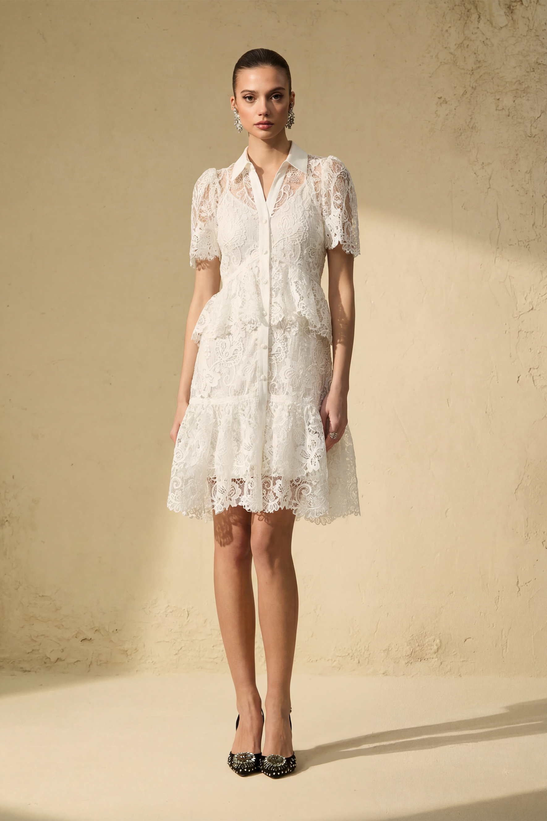 Vibrant Vibes White Sheer Lace Tiered Mini Dress