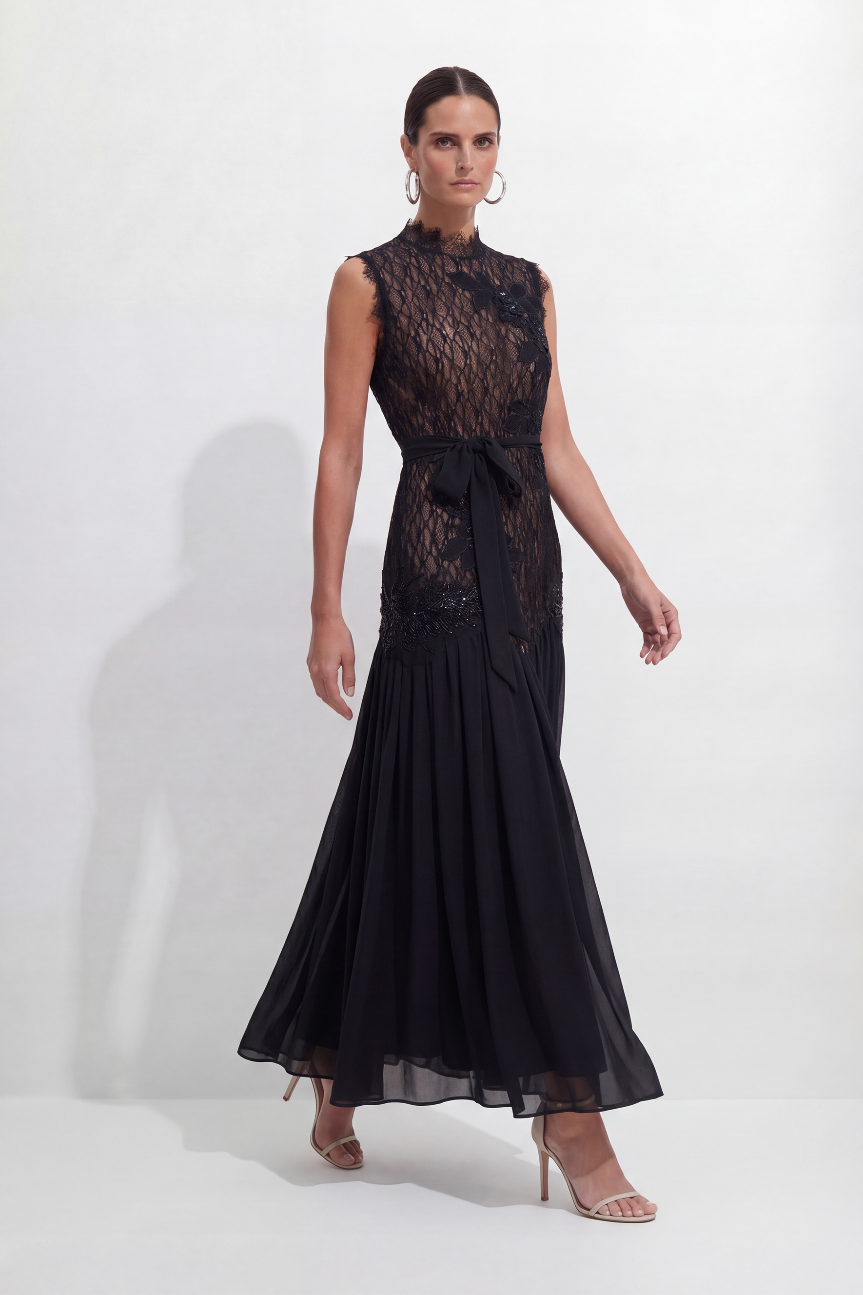 Out In Elegance Black Floral Applique Lace Bodice Maxi Dress