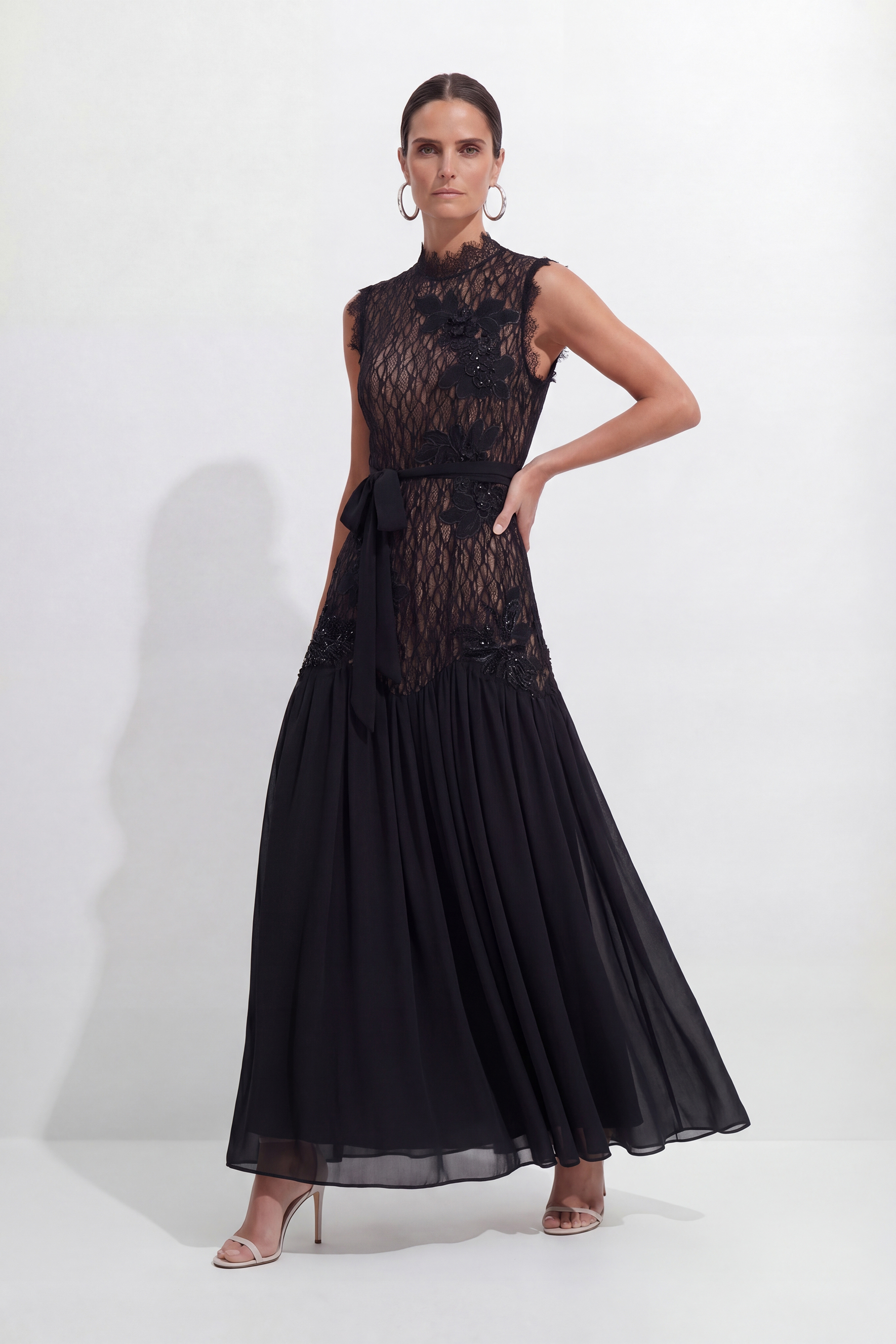 Out In Elegance Black Floral Applique Lace Bodice Maxi Dress