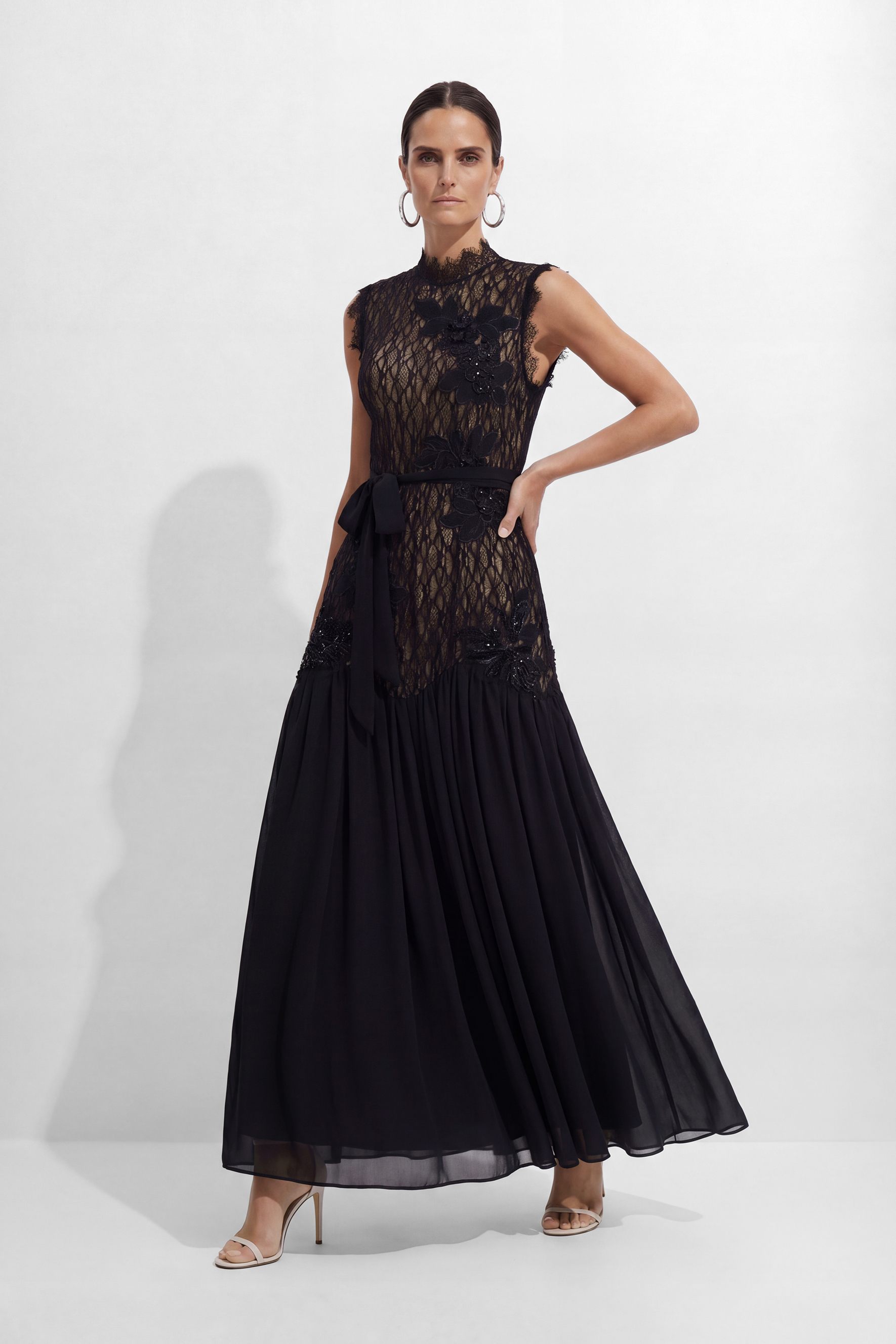 Out In Elegance Black Floral Applique Lace Bodice Maxi Dress, Black  S