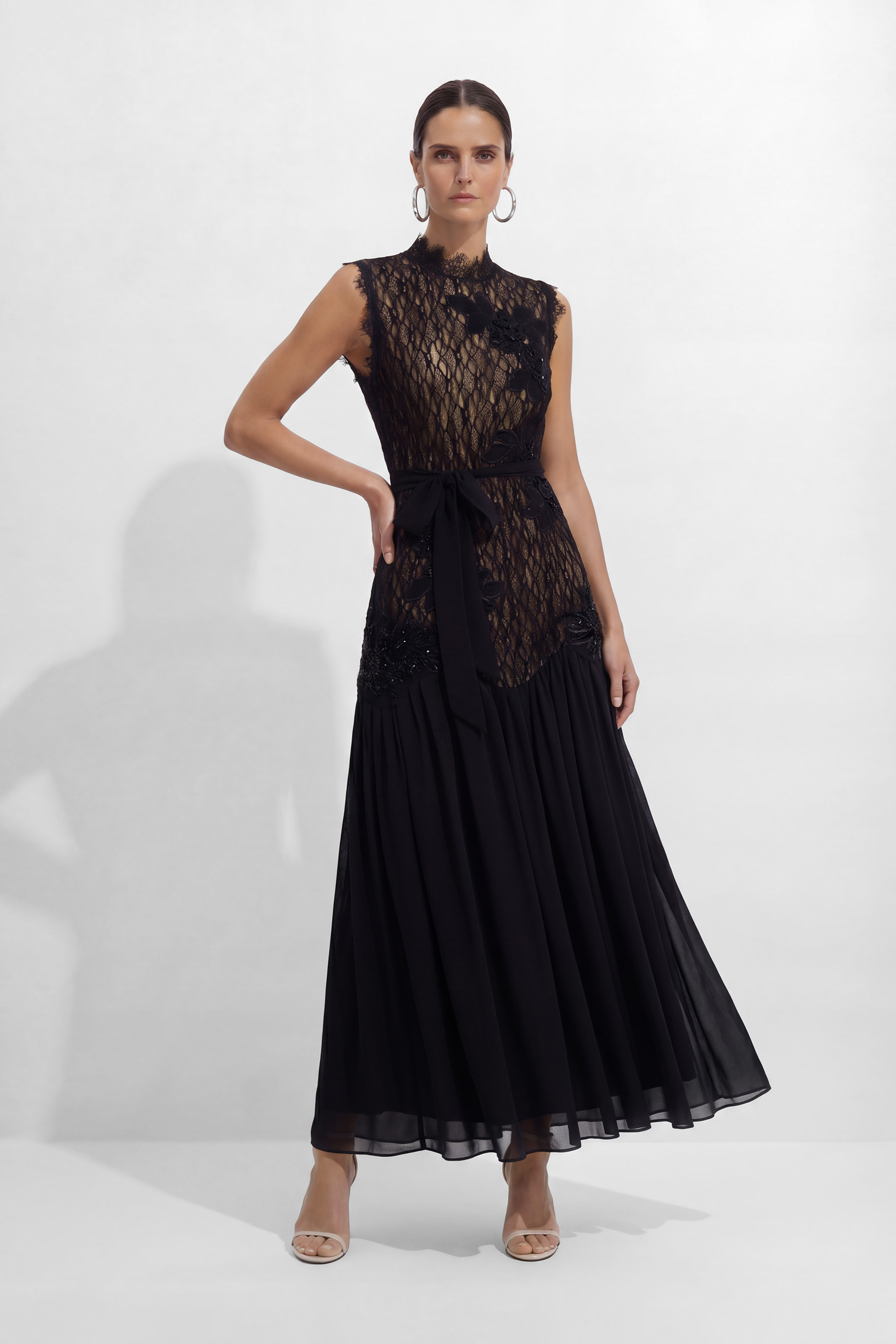Out In Elegance Black Floral Applique Lace Bodice Maxi Dress