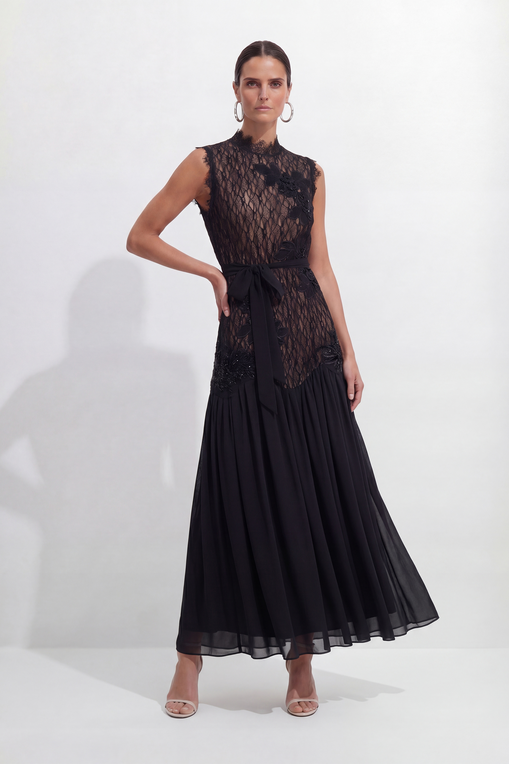 Out In Elegance Black Floral Applique Lace Bodice Maxi Dress