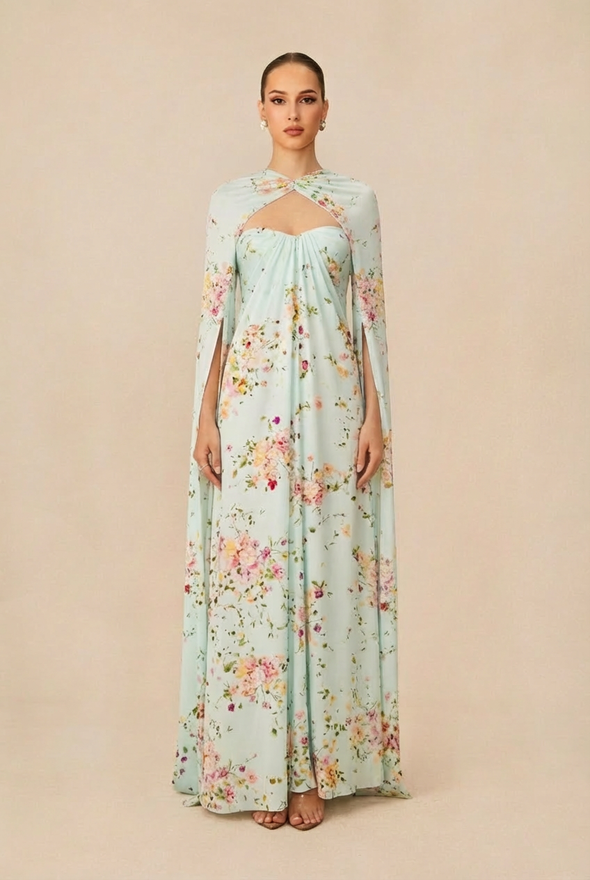Sweet Like Spring Green Floral Print Strapless Maxi Dress With Cape