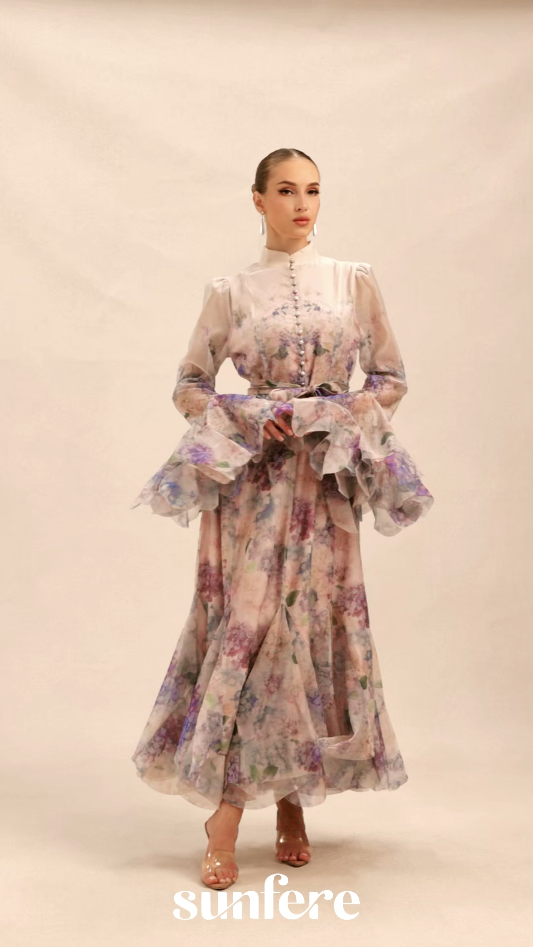 Alessia Floral Print Ruffle Cuff Maxi Dress