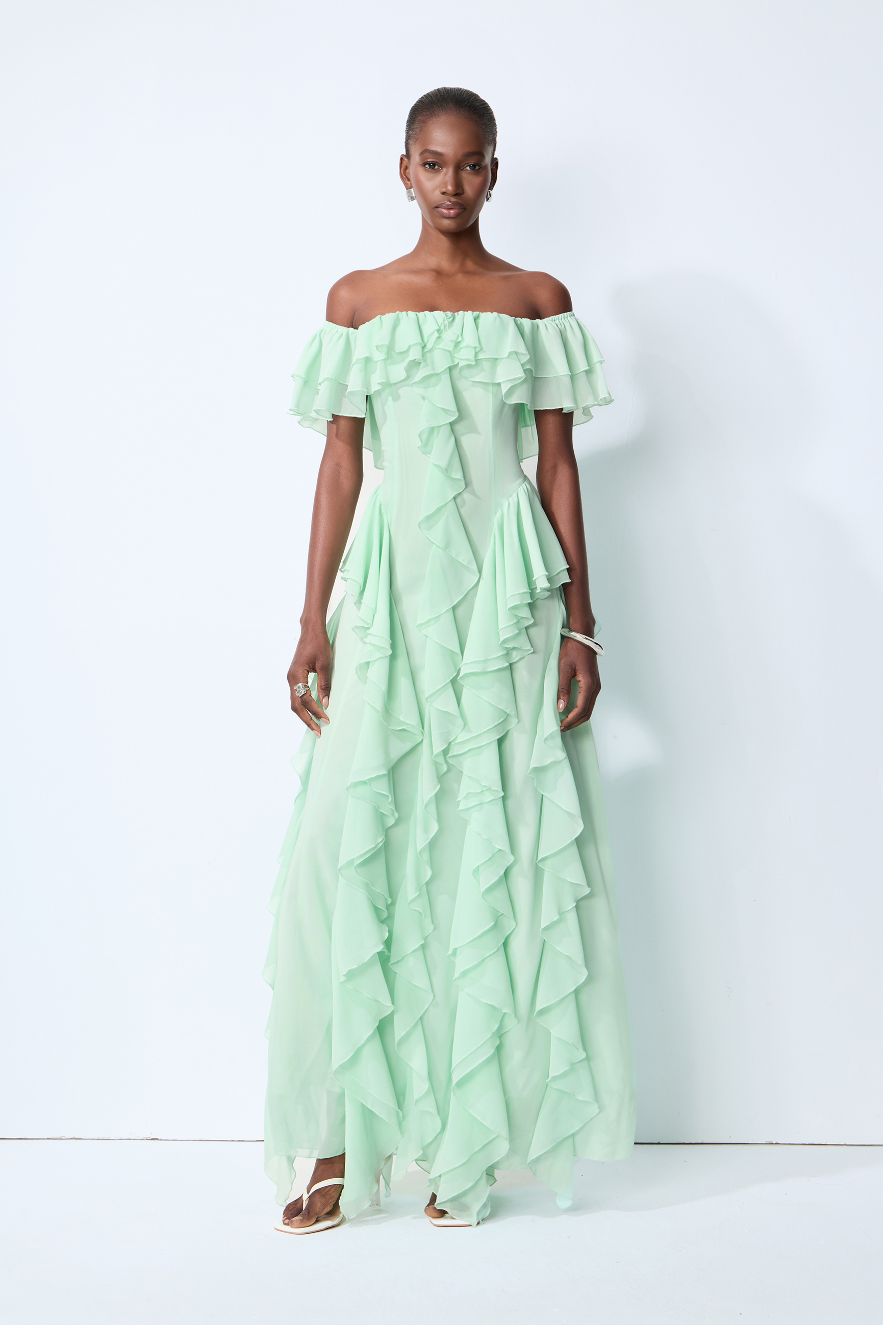 Every Love Song Green Off-The-Shoulder Ruffle Maxi Dress