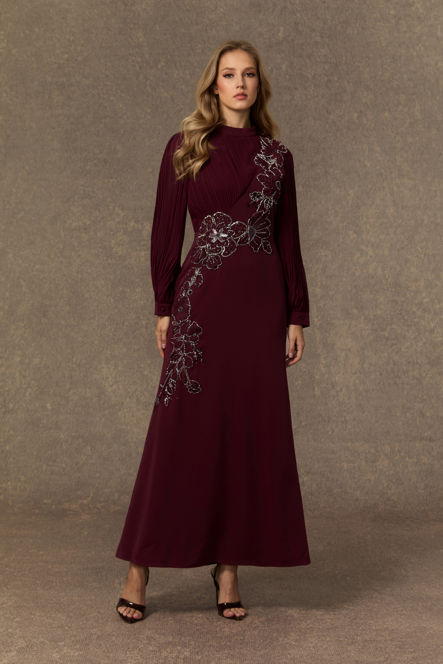 sunfere Joyful Poise Burgundy Sequin Embroidered Floral Maxi Dress or