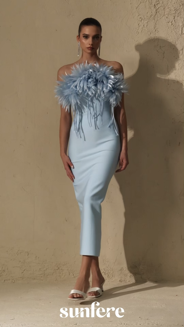 Abundant Charm Blue Petal Applique Strapless Midi Dress