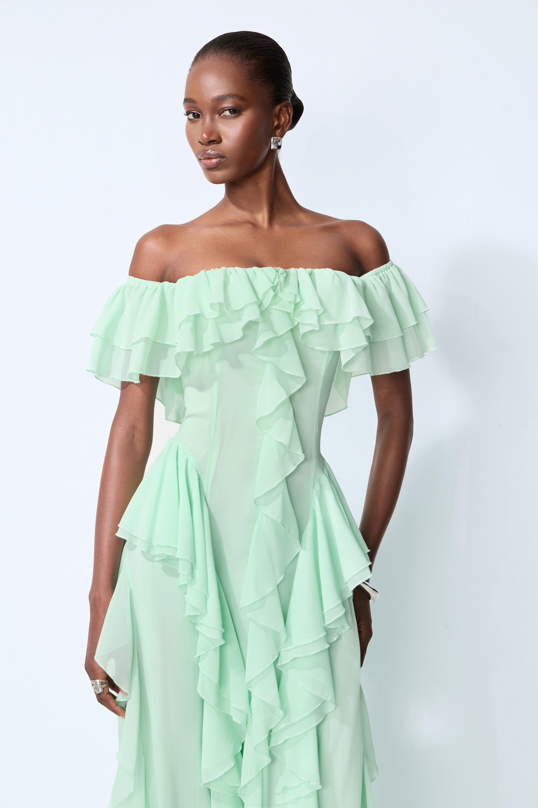 rae seated green dress Every Love Song Off-The-Shoulder Ruffle Maxi Dress, Green · L Ruched maxi