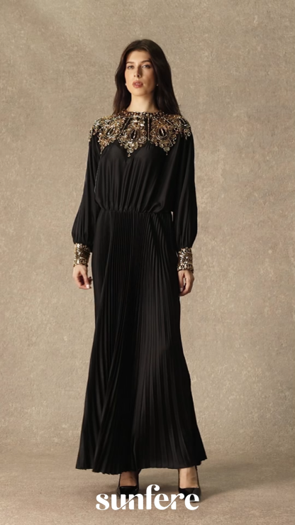 Dazzling Forever Black Beaded Embellished Pleated Maxi Dress