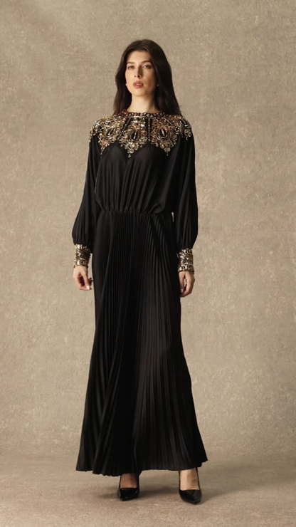 Dazzling Forever Black Beaded Embellished Pleated Maxi Dress