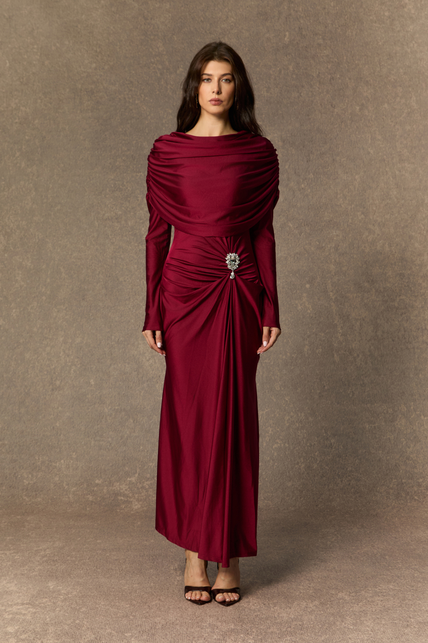 sunfere Designed Moments Burgundy Crystal Accent Ruched Maxi Dress