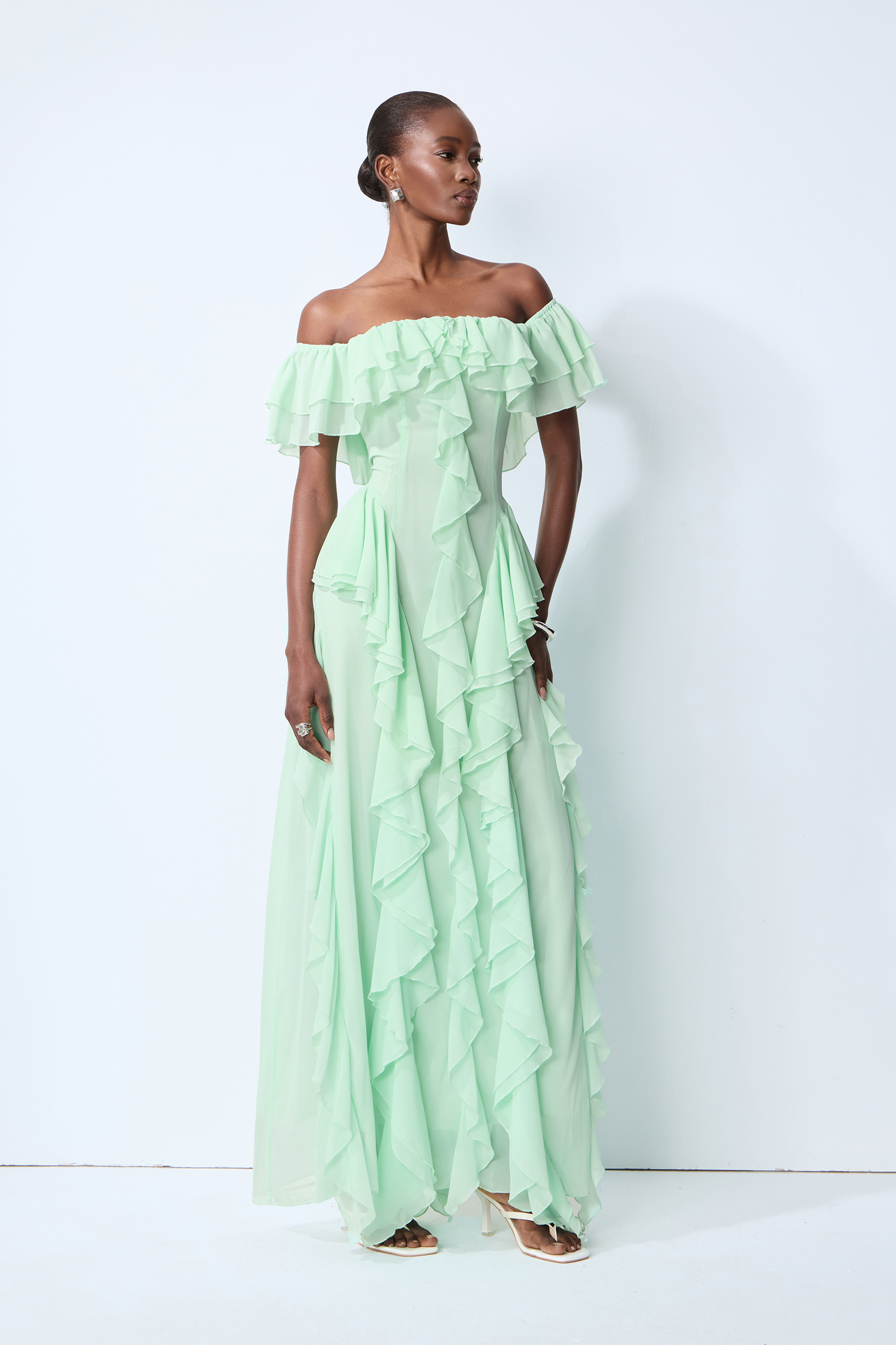 Every Love Song Green Off-The-Shoulder Ruffle Maxi Dress