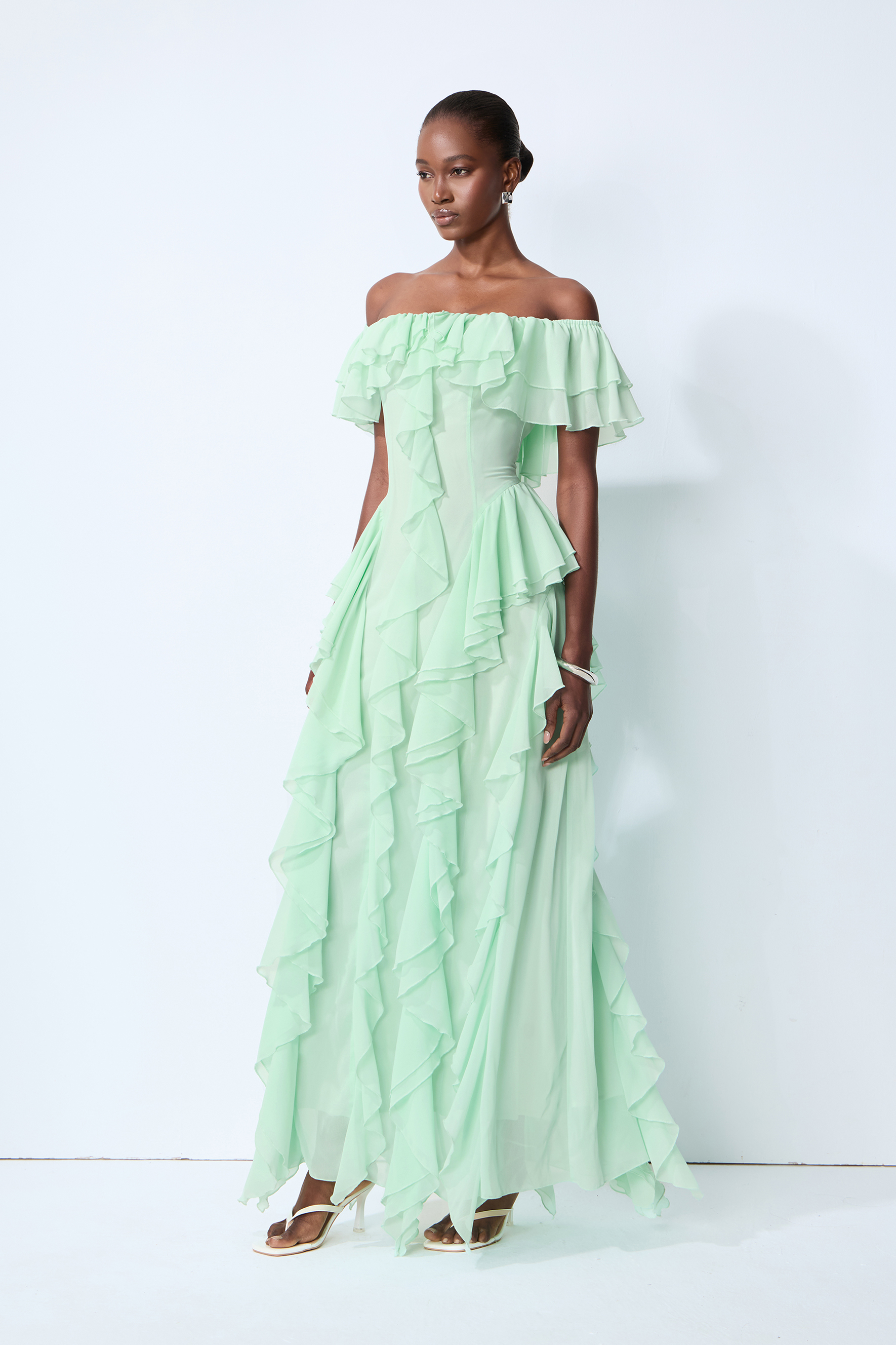 Every Love Song Green Off-The-Shoulder Ruffle Maxi Dress, Green · L