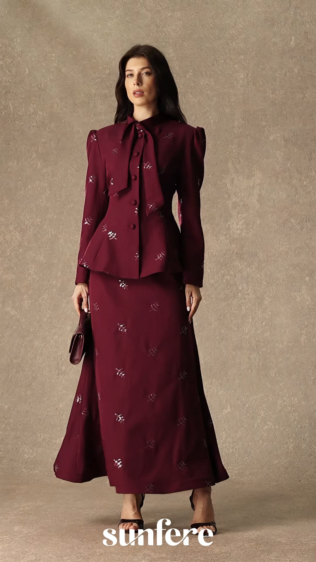Starlit Elegance Burgundy Embellished Bow Neck Top & Skirt Set