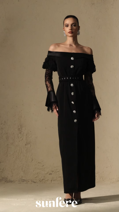 Subtle Allure Black Off Shoulder Lace Sleeve Maxi Dress