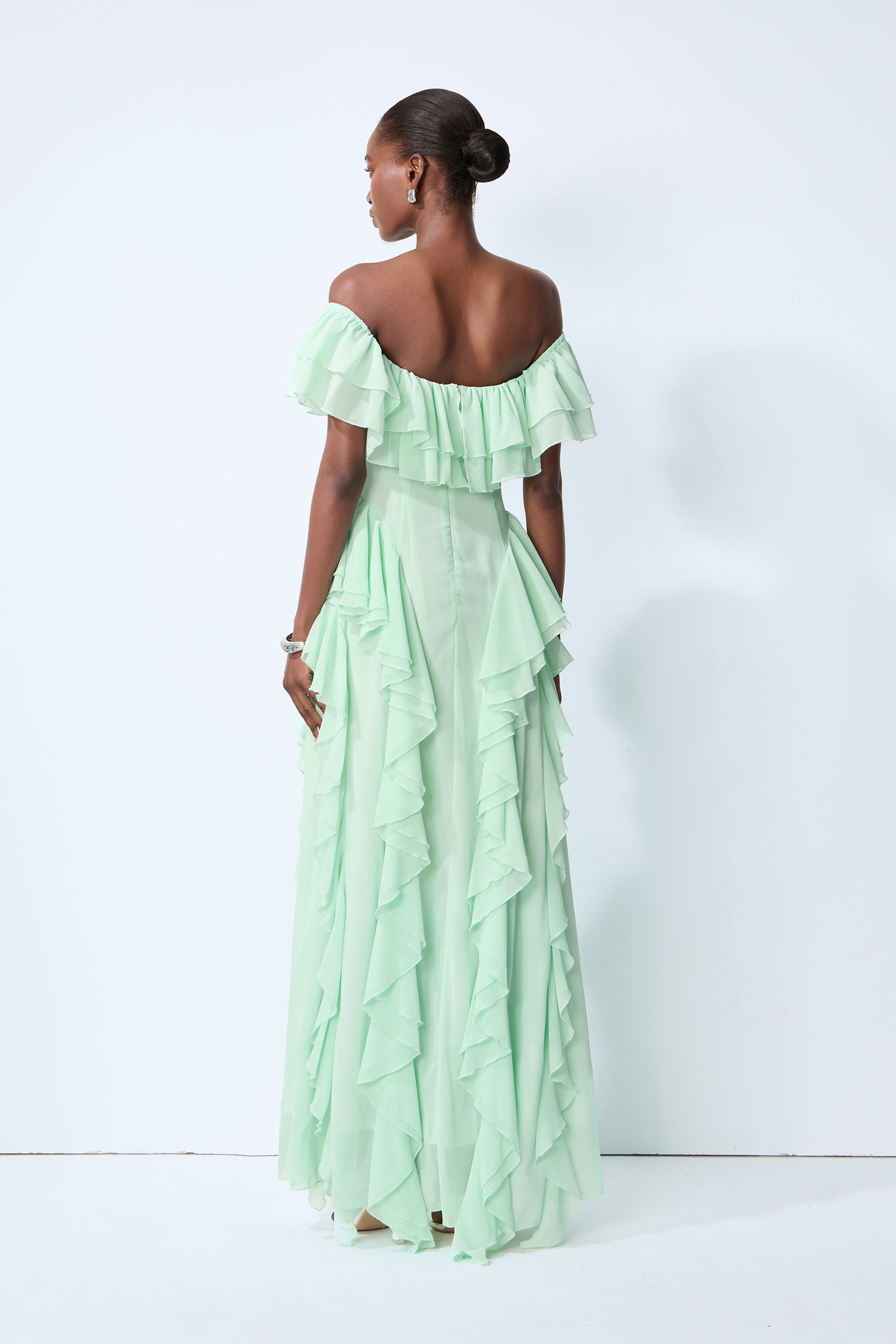 Every Love Song Green Off-The-Shoulder Ruffle Maxi Dress