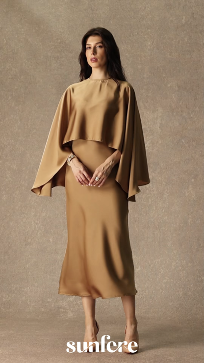 Captivating Presence Khaki Draped Cape & Midi Dress Set